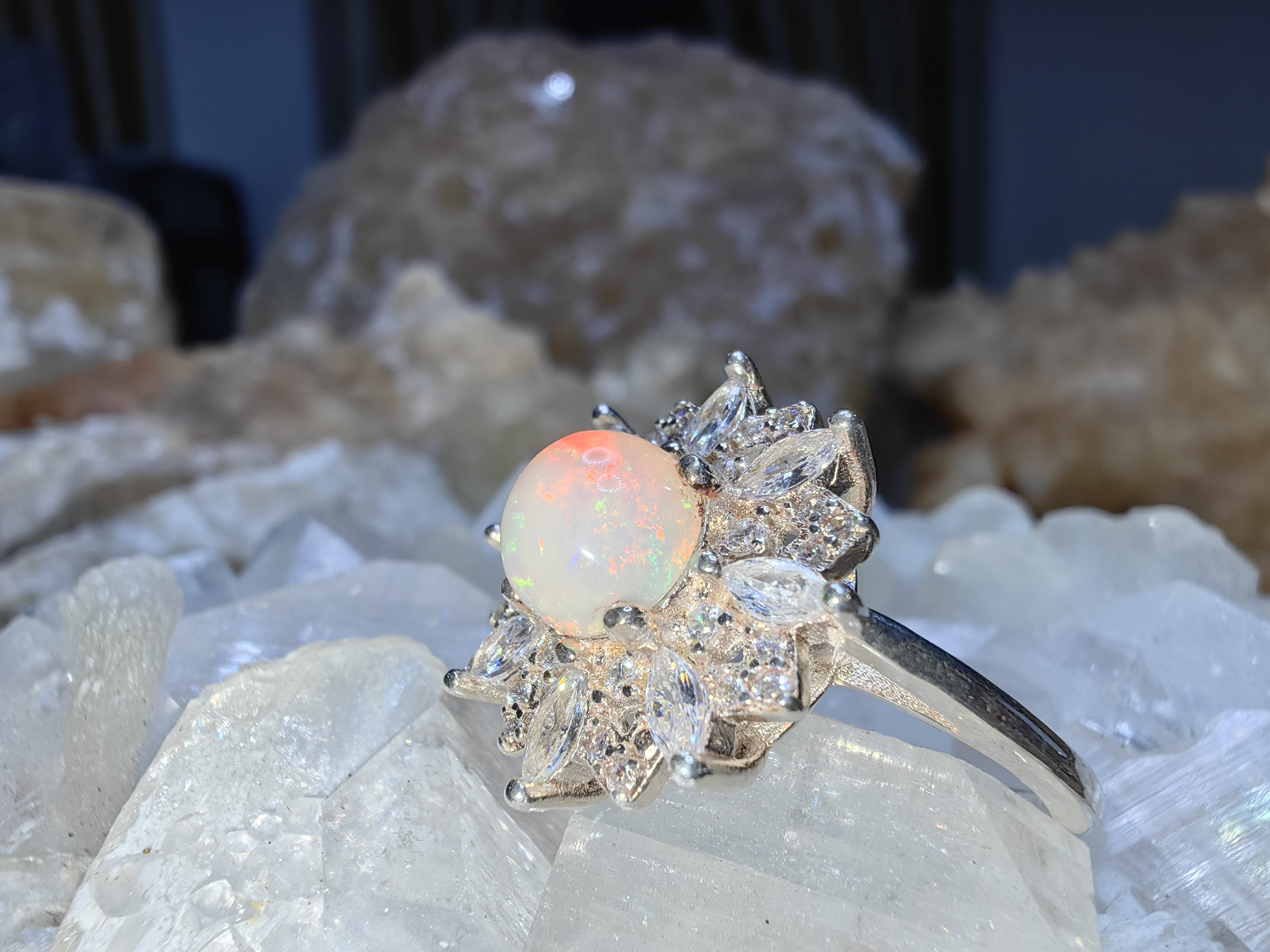 Opal, CZ 925 Sterling Silver Ring แหวนโอปอ เพชรCZ เงินแท้ 925 Size 56