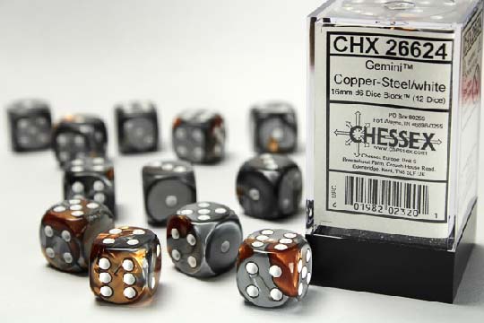 [ลูกเต๋า] Chessex: Gemini Copper-Steel/White 16mm d6 Dice Set (12)