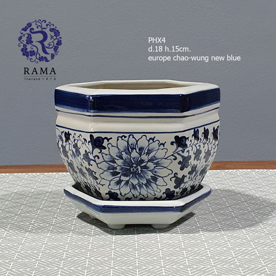กระถางหกเหลี่ยมพร้อมจานรอง PHX4 ขนาดเล็ก 7.2" ลายยุโรปชาววังสีน้ำเงิน