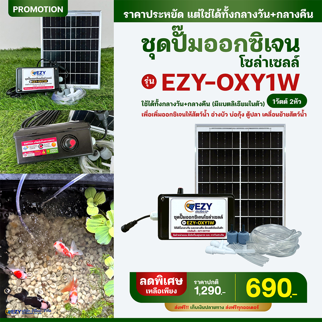 ปั๊มออกซิเจนโซล่าเซลล์ 1วัตต์ 2หัว รุ่น EZY-OXY1W (พร้อมใช้งาน)