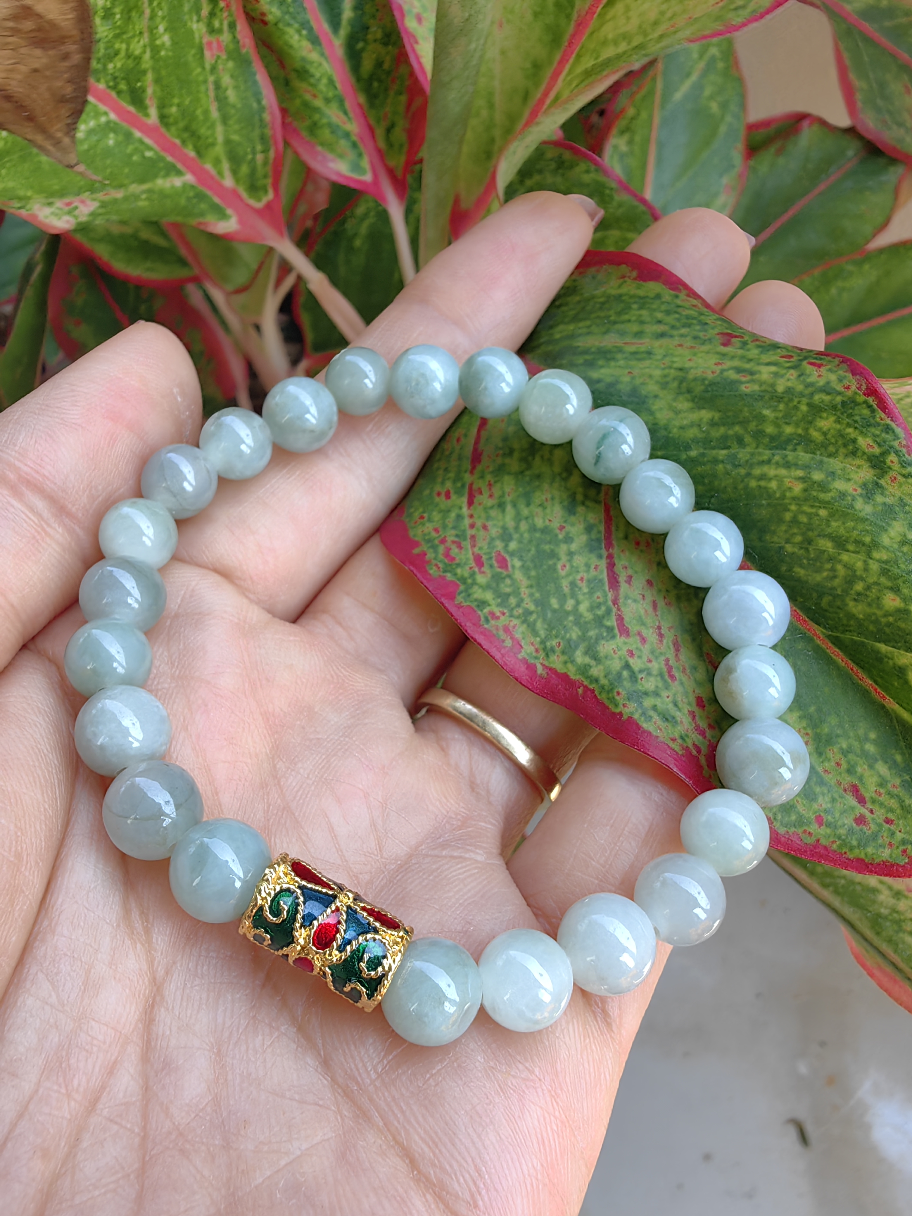 Burmese Jadeite Bracelets Thai Enamel Gold plated 8 mm. สร้อยข้อมือหยกพม่า ลงยาสุโขทัย กลม 8 มม. Free Size