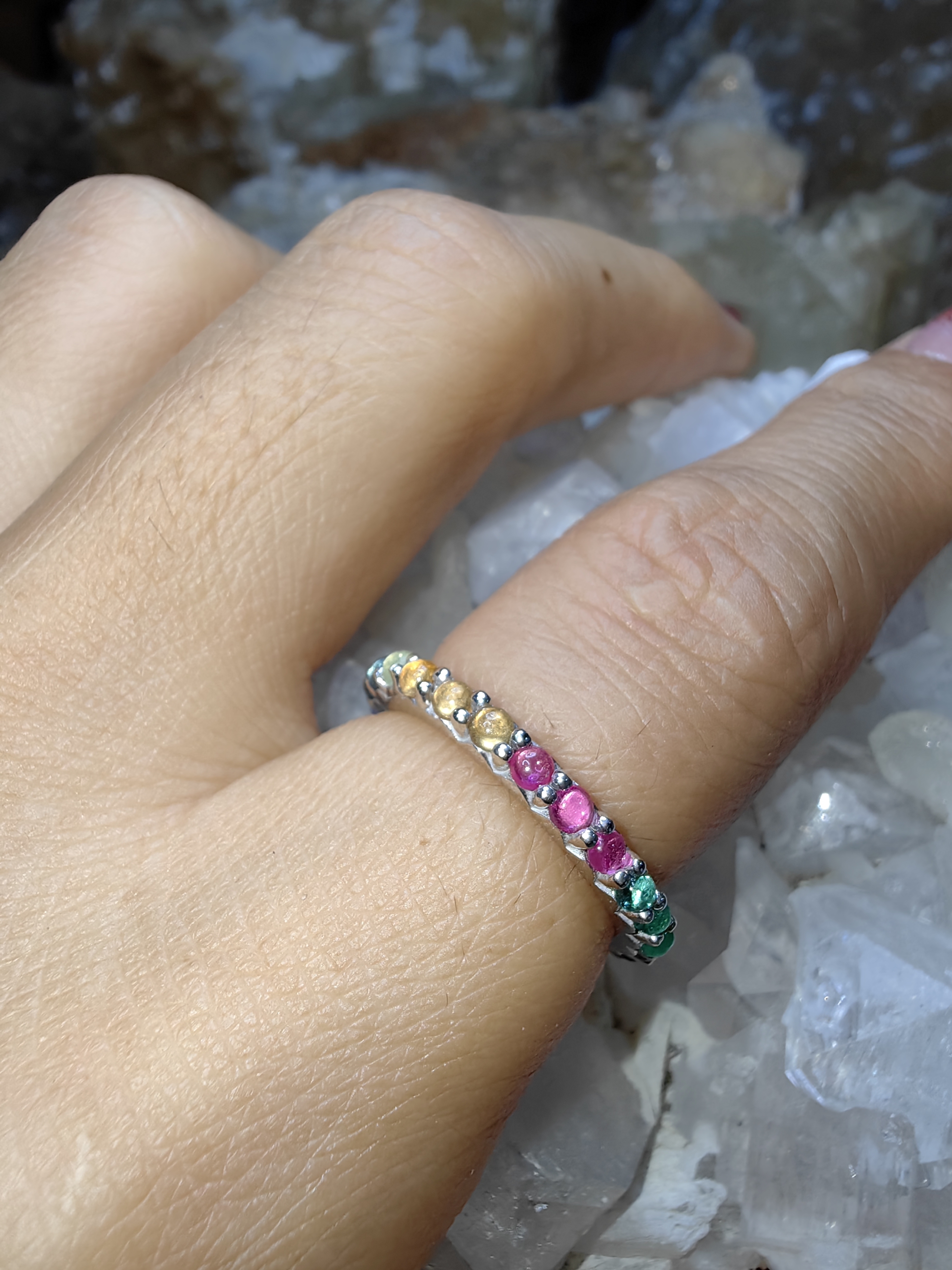 9 Lucky gemstones Ruby, Blue Sapphire, Emerald, Topaz, Zircon, Yellow Sapphire, Moonstone, Garnet, Cat's eyes 925 Sterling Silver แหวนนพเก้า ทับทิม ไพลิน มรกต โทแพซ ไพฑูรย์ บุษราคัม มูนสโตน โกเมน ตาแมว Size 56 เงินแท้ 925