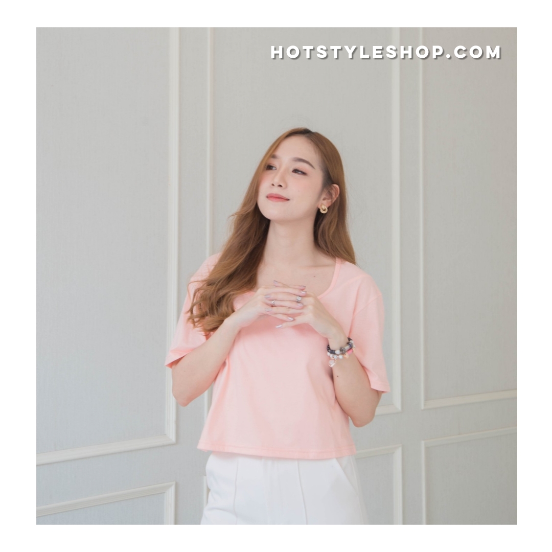 เสื้อครอปคอเหลี่ยม แขนสั้น สีพาสเทล
