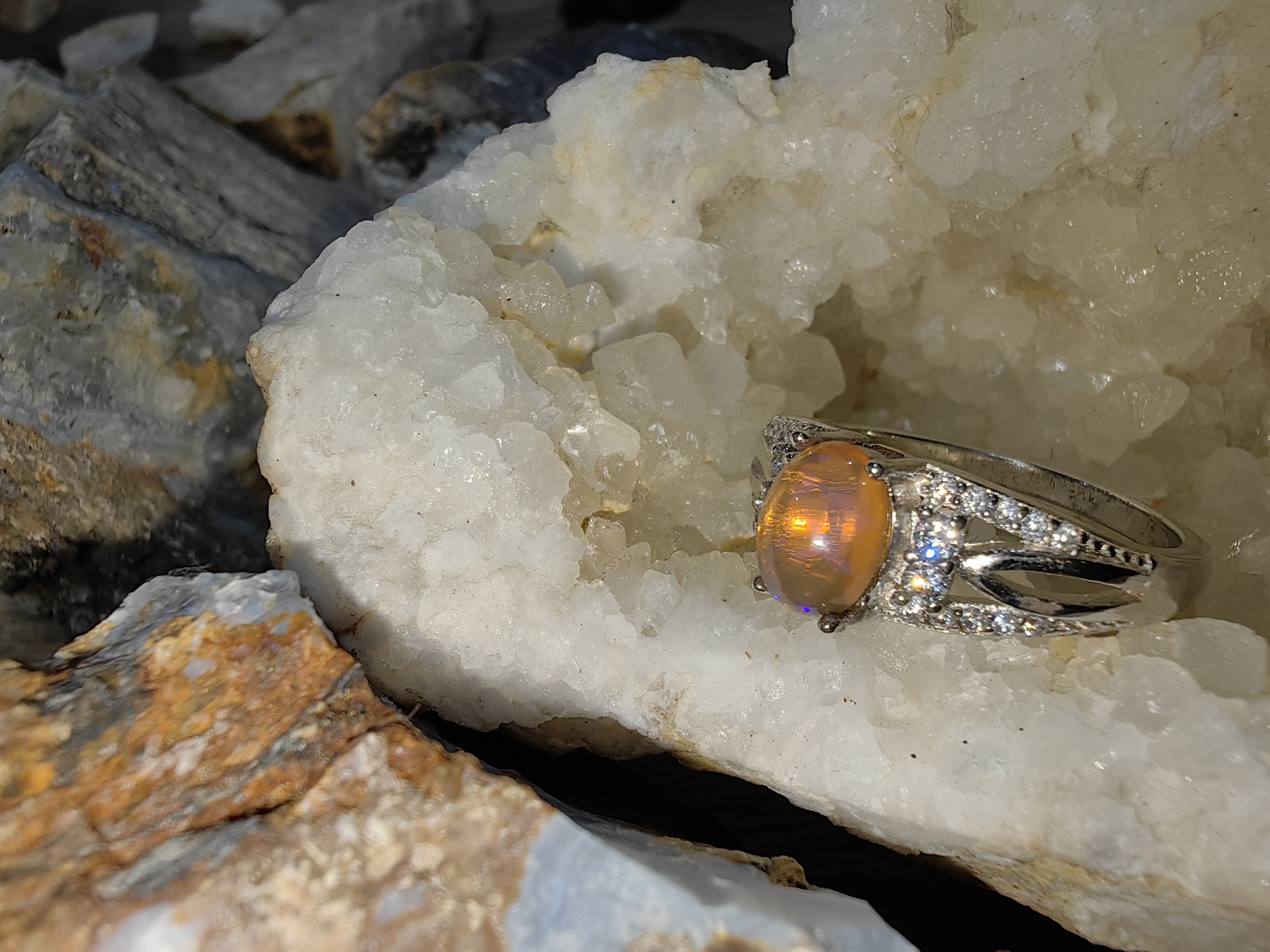 Opal, Swiss Diamond 925 Sterling Silver Ring แหวนโอปอ เพชรสวิส เงินแท้ 925 Size 60