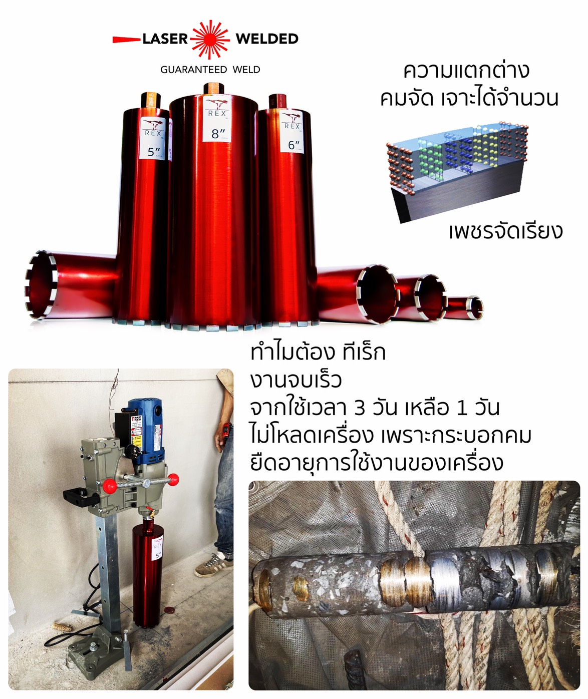 กระบอกคอริ่งทีเร็ก T-REX สำหรับเจาะคอนกรีตเสริมเหล็ก ( ใช้ร่วมกับน้ำ ) 1-1/4" UNC รุ่นจ๊วด จ๊วด