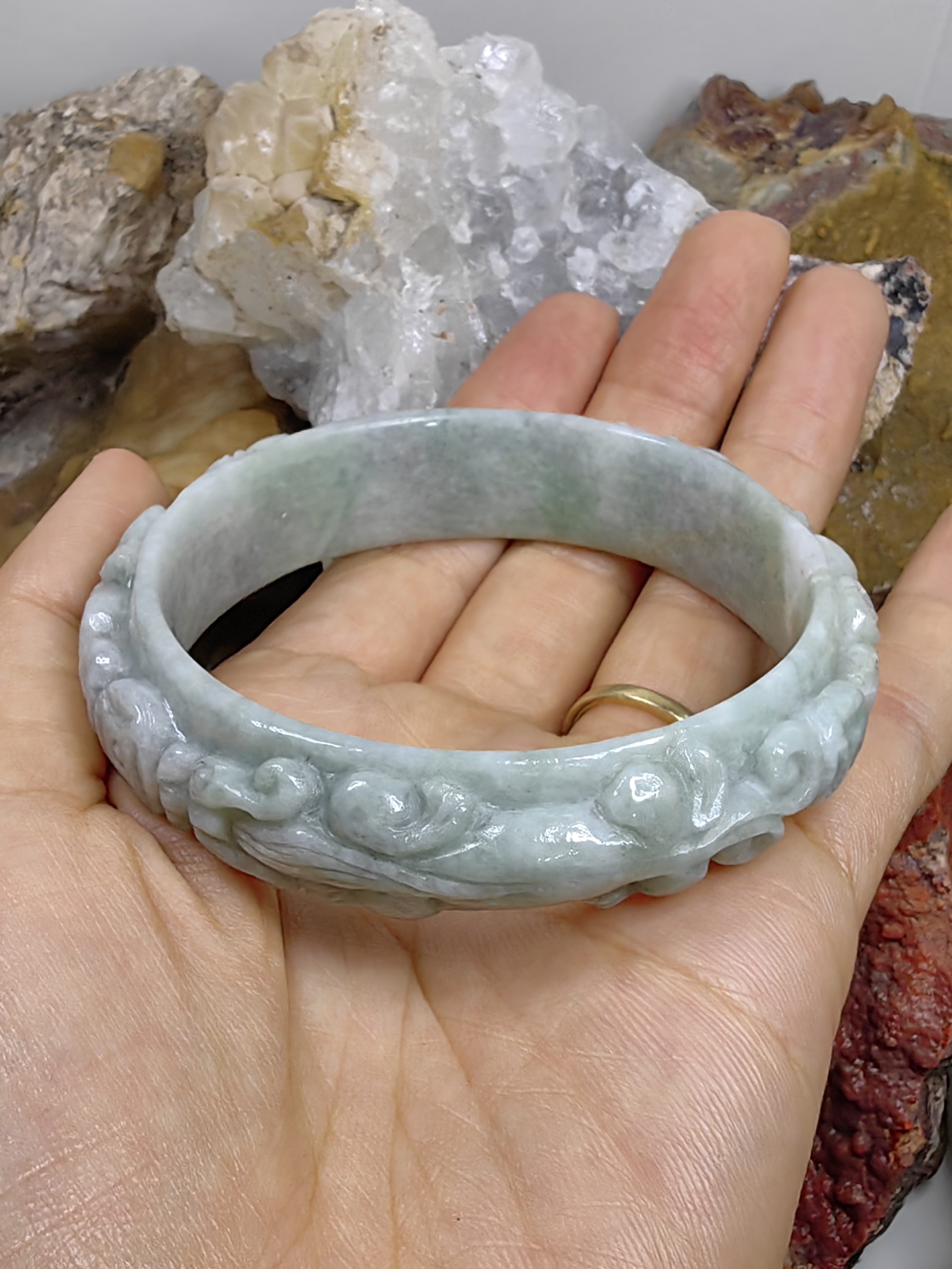 Carved Burmese Jadeite Bangle Size 56