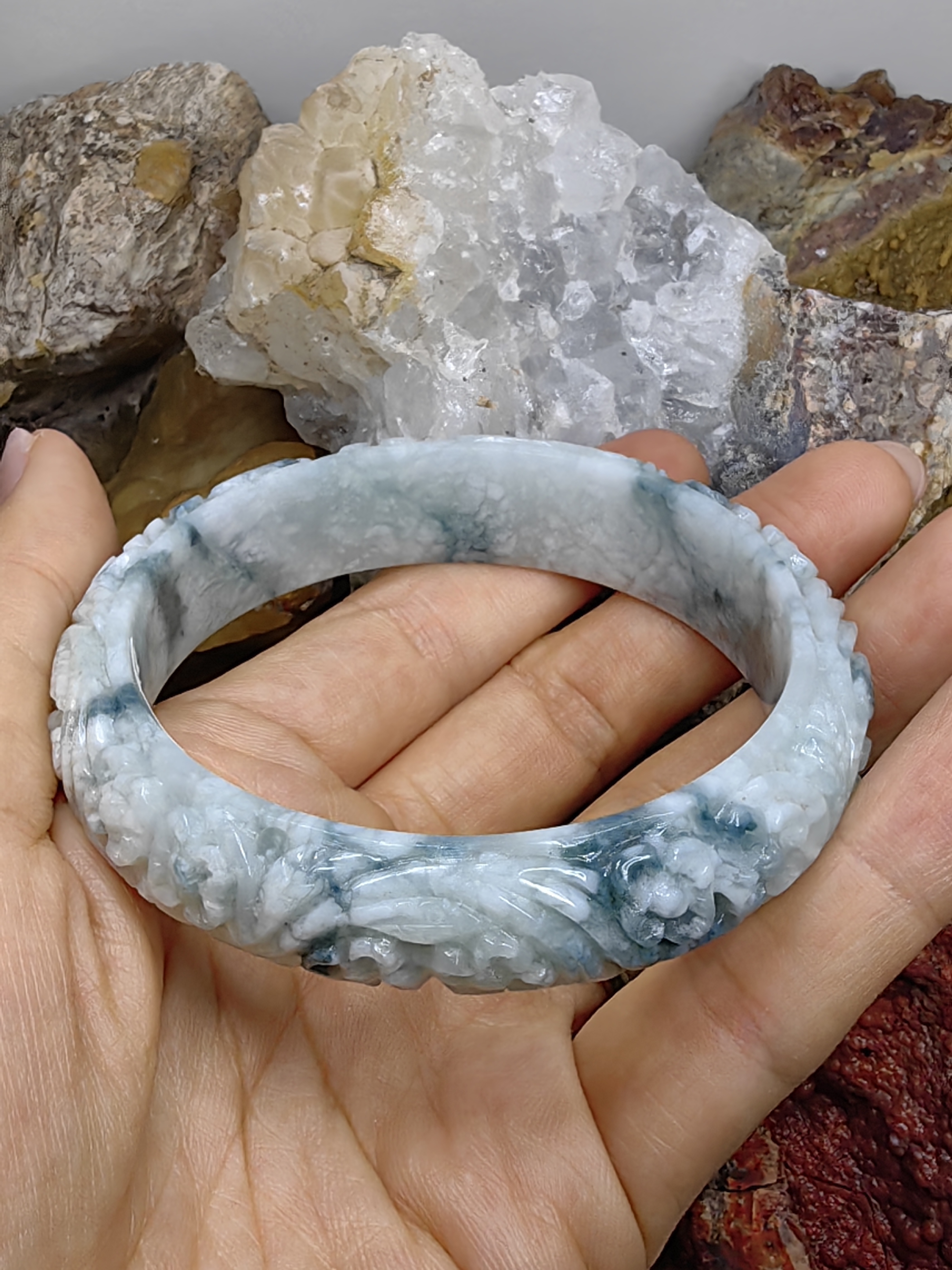 Carved Burmese Jadeite Bangle Size 60