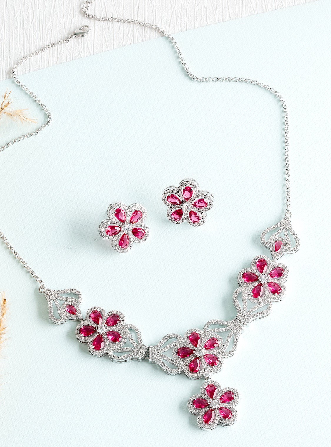 RUBY DIAMOND JEWELRY 18K WHITE GOLD NECKLACE EARRING สร้อยคอ ต่างหู ทับทิม ล้อมเพชร ทอง 18K Pre-order
