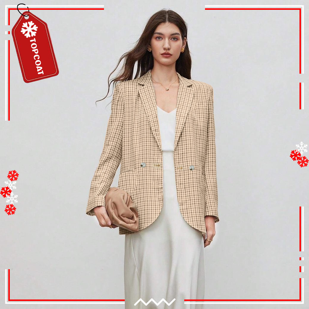 เสื้อสูทเบลเซอร์ผู้หญิงลายสก็อต ซับในทั้งตัว ฟ้าคราม น้ำตาล