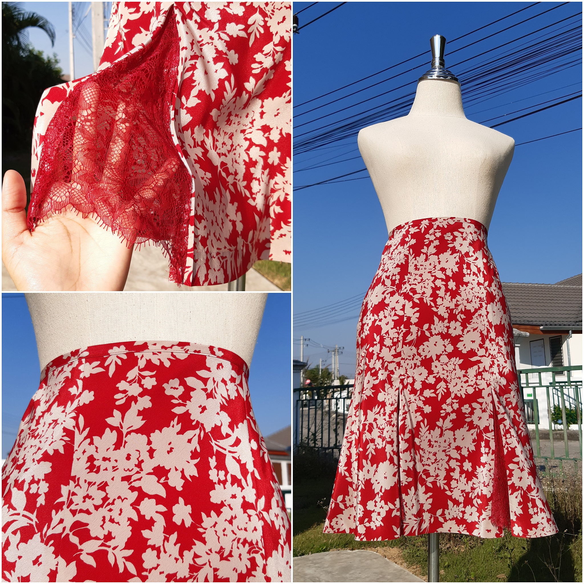 กระโปรงลายดอกไม้สีแดง ผ้าพลิ้วสวยๆ