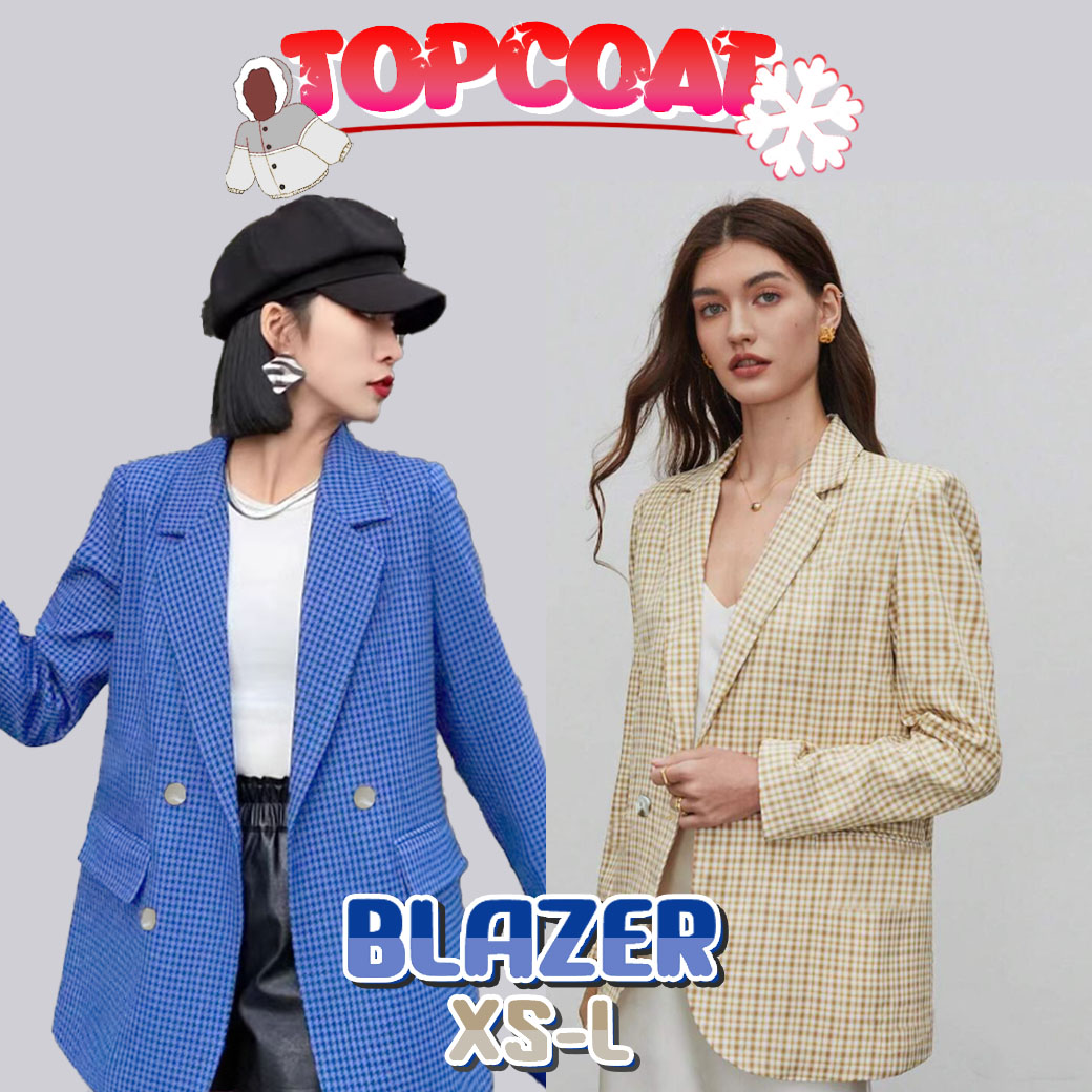เสื้อสูทเบลเซอร์ผู้หญิงลายสก็อต ซับในทั้งตัว ฟ้าคราม น้ำตาล