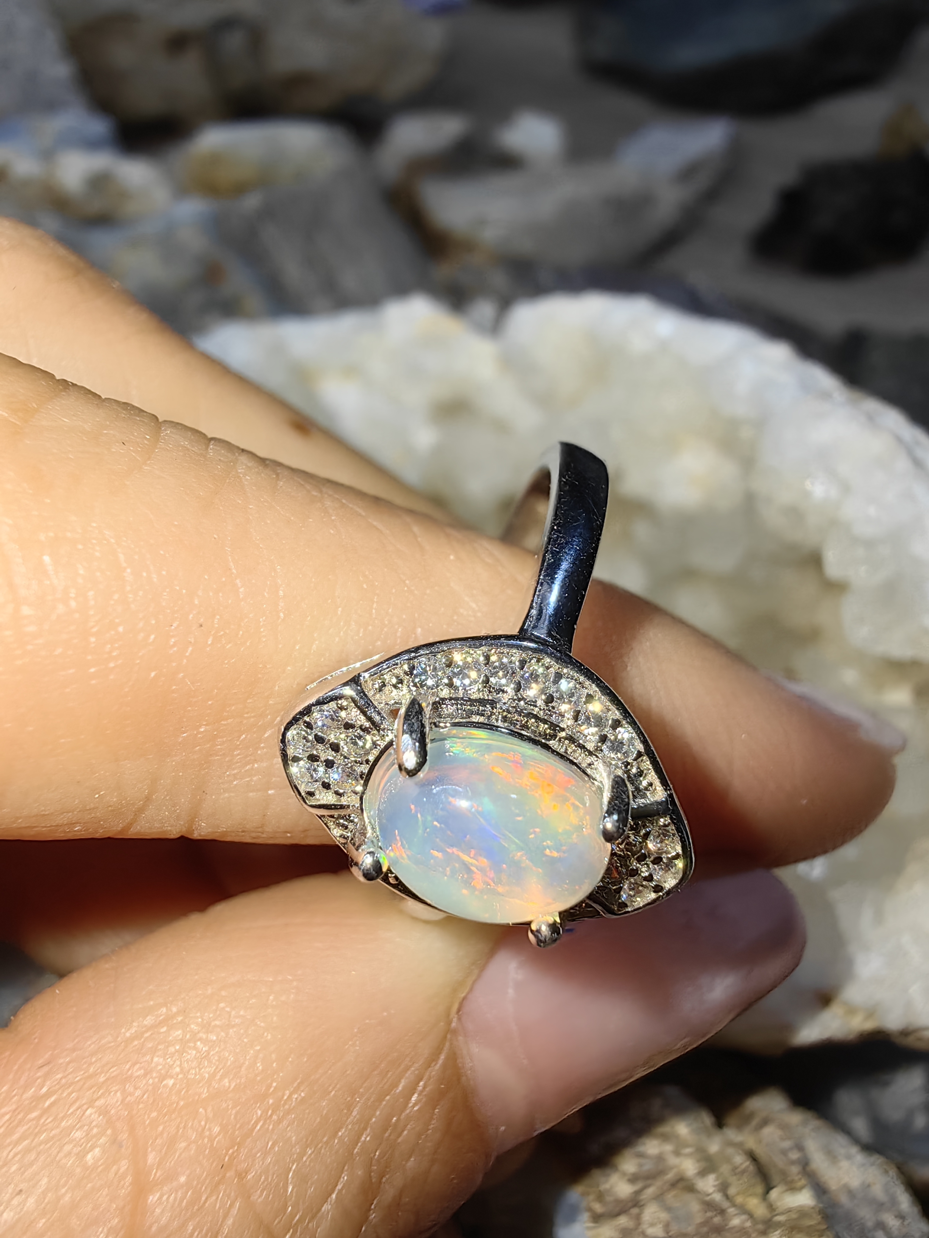 Opal, Swiss Diamond 925 Sterling Silver Ring แหวนโอปอ เพชรสวิส เงินแท้ 925 Size 54