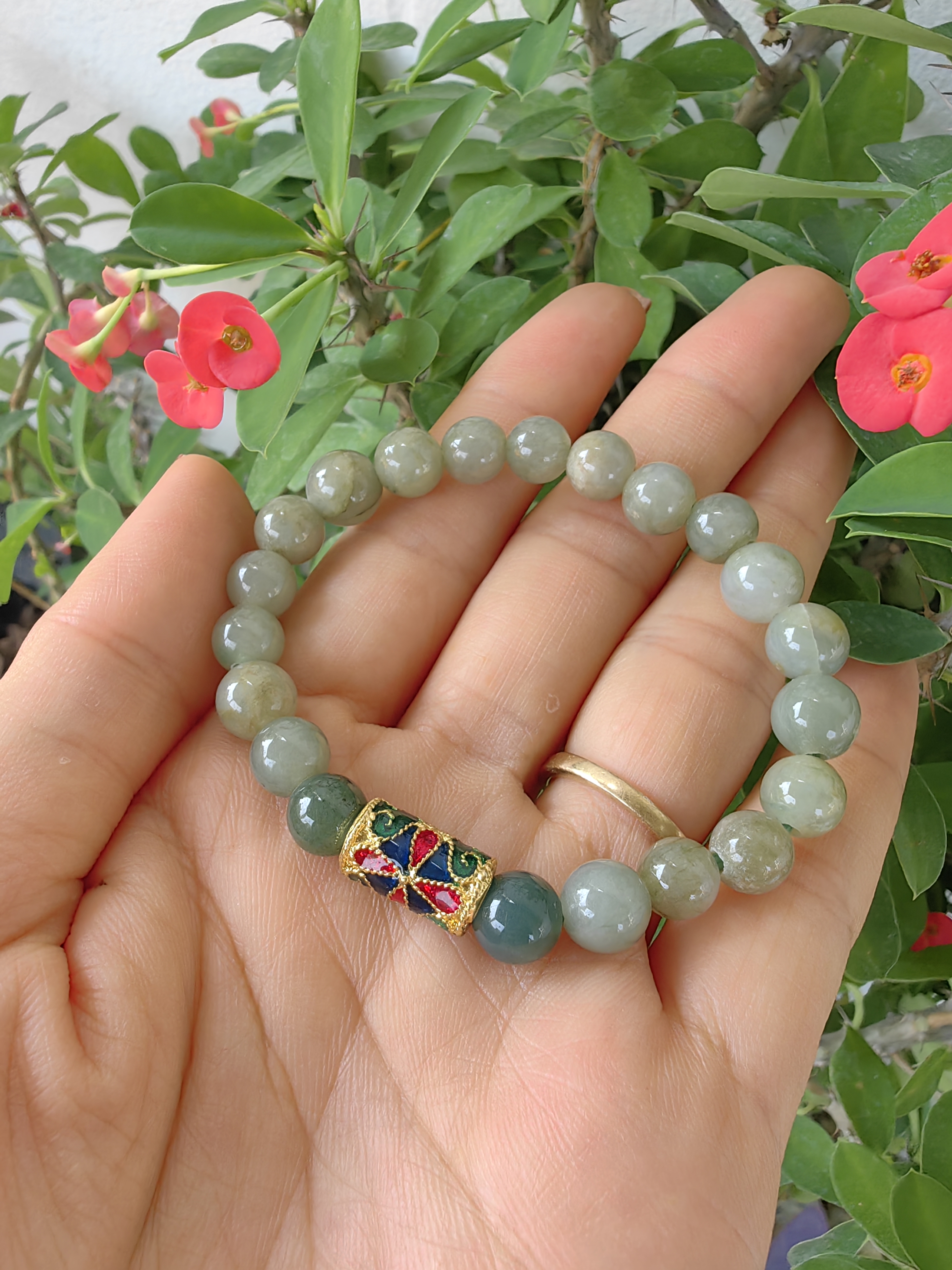 Burmese Jadeite Bracelets Thai Enamel Gold plated 8 mm. สร้อยข้อมือหยกพม่า ลงยาสุโขทัย กลม 8 มม. Free Size