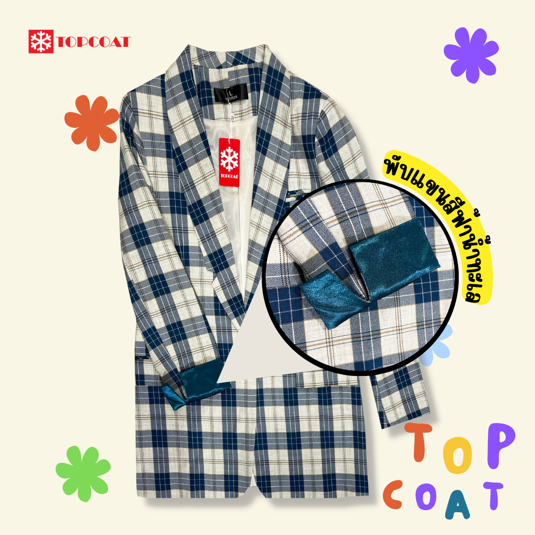 เบลเซอร์หญิง เสื้อสูทลายสก็อต สีฟ้ากรม ปกกล้วยหอม