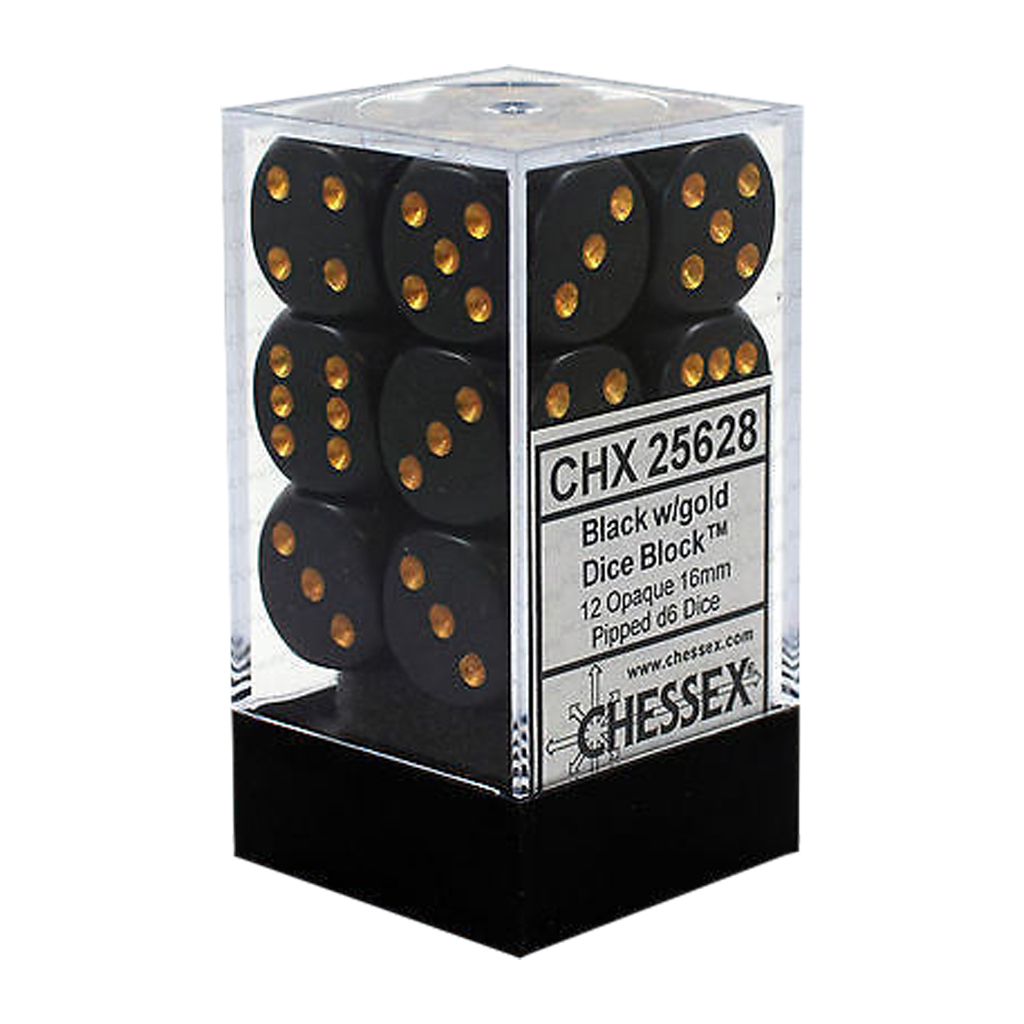 [ลูกเต๋า] Chessex: Opaque Black/Gold 16mm D6 (12 Dice)
