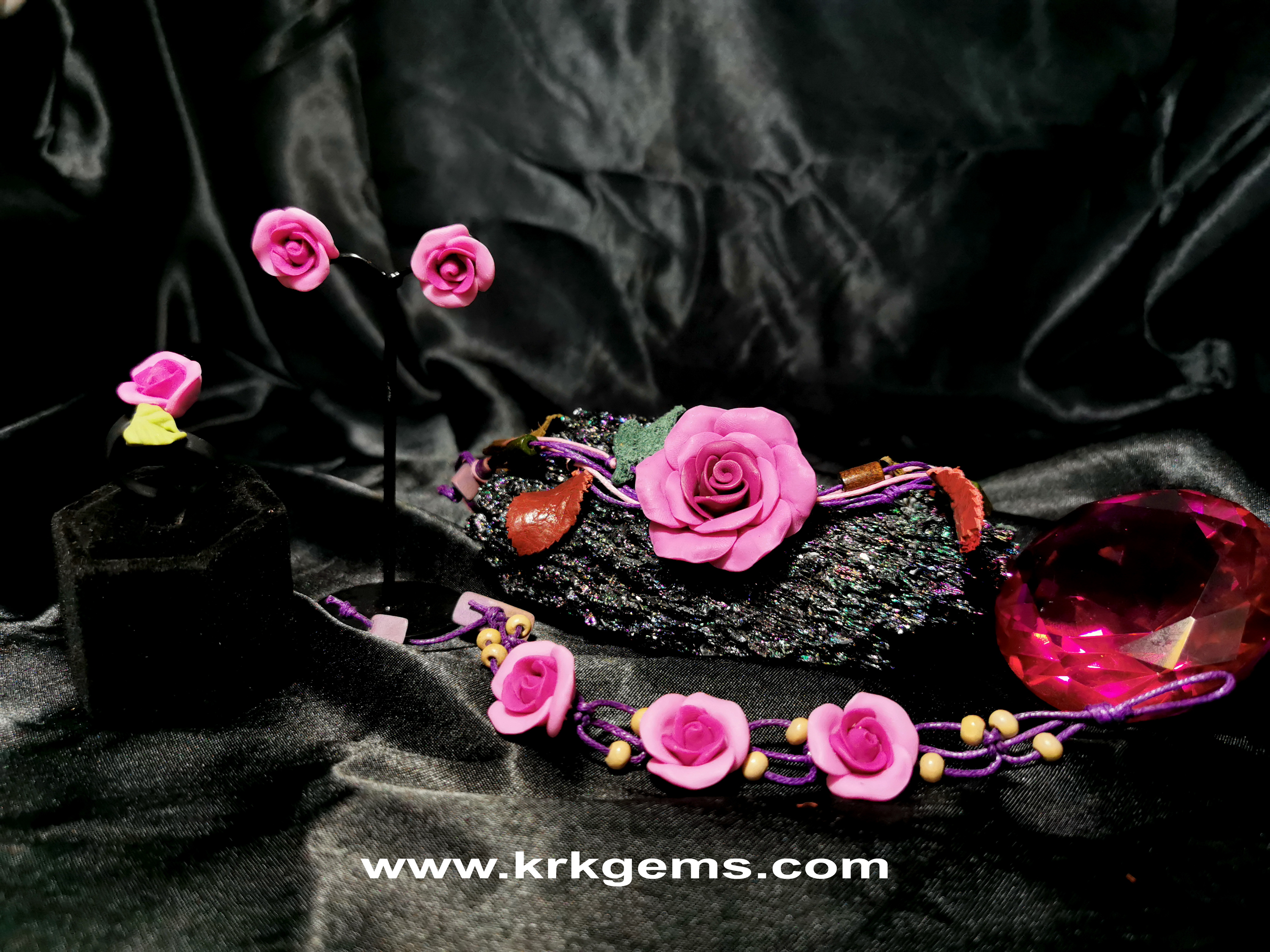 PURPLE ROSE HANDMADE CLAY NECKLACE BRACELET EARRING RING