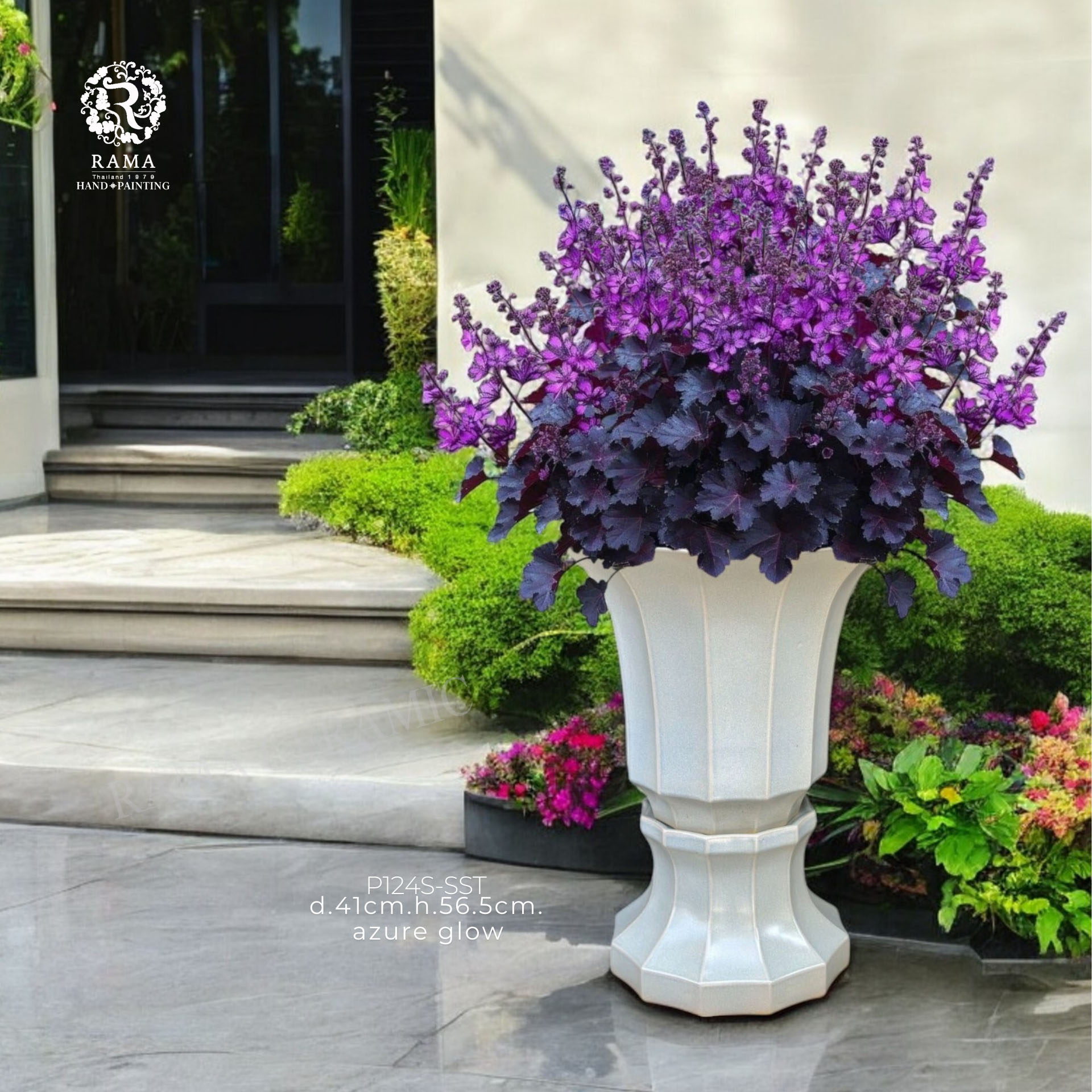 P124S-SST กระถาง พร้อม ฐานตั้งกระถาง ทรง 12 เหลี่ยมเคลือบสี azure glow