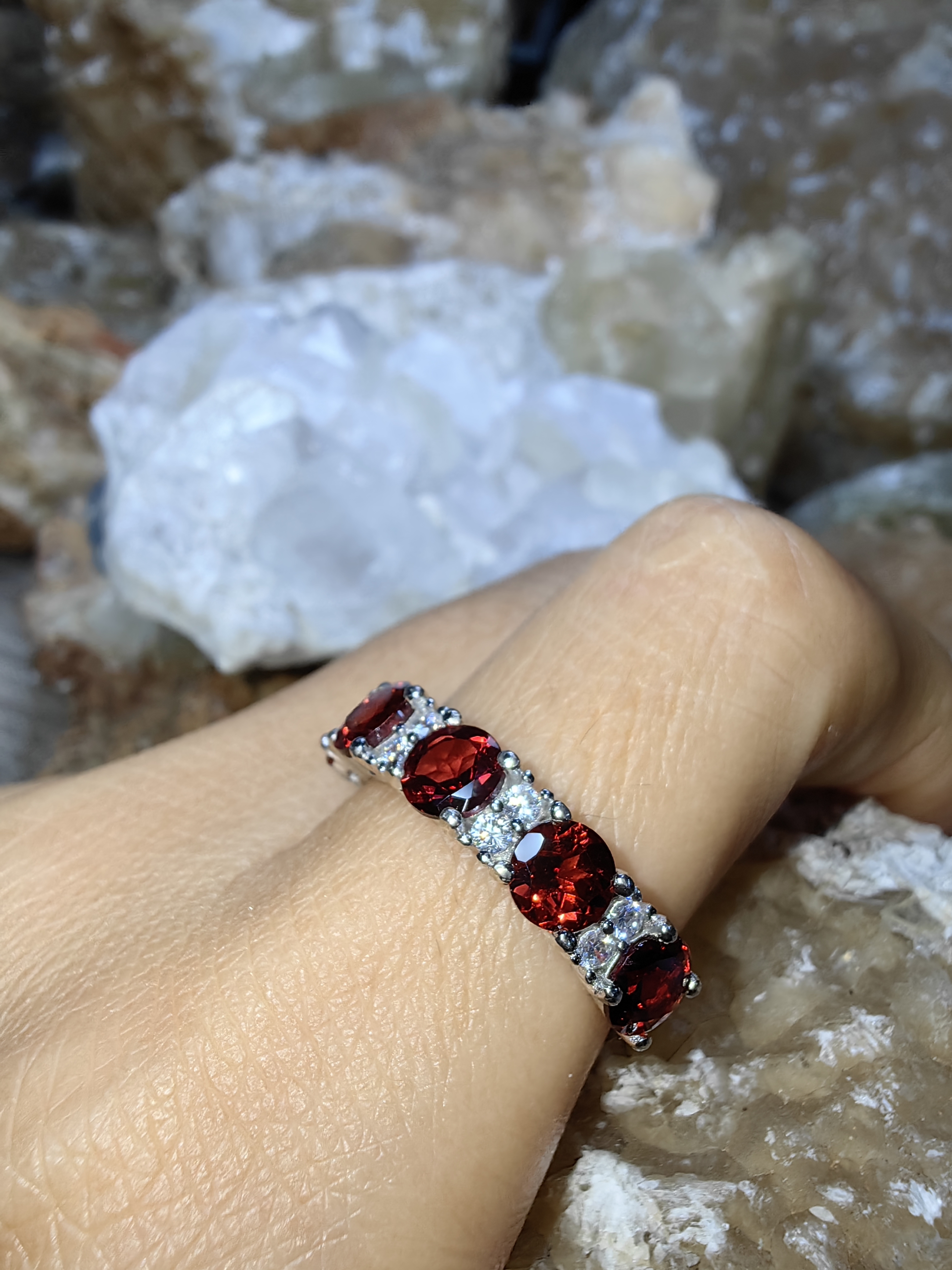 Garnet, CZ 925 Sterling Silver แหวนโกเมน ,เพชรCZ Size 57 เงินแท้ 925