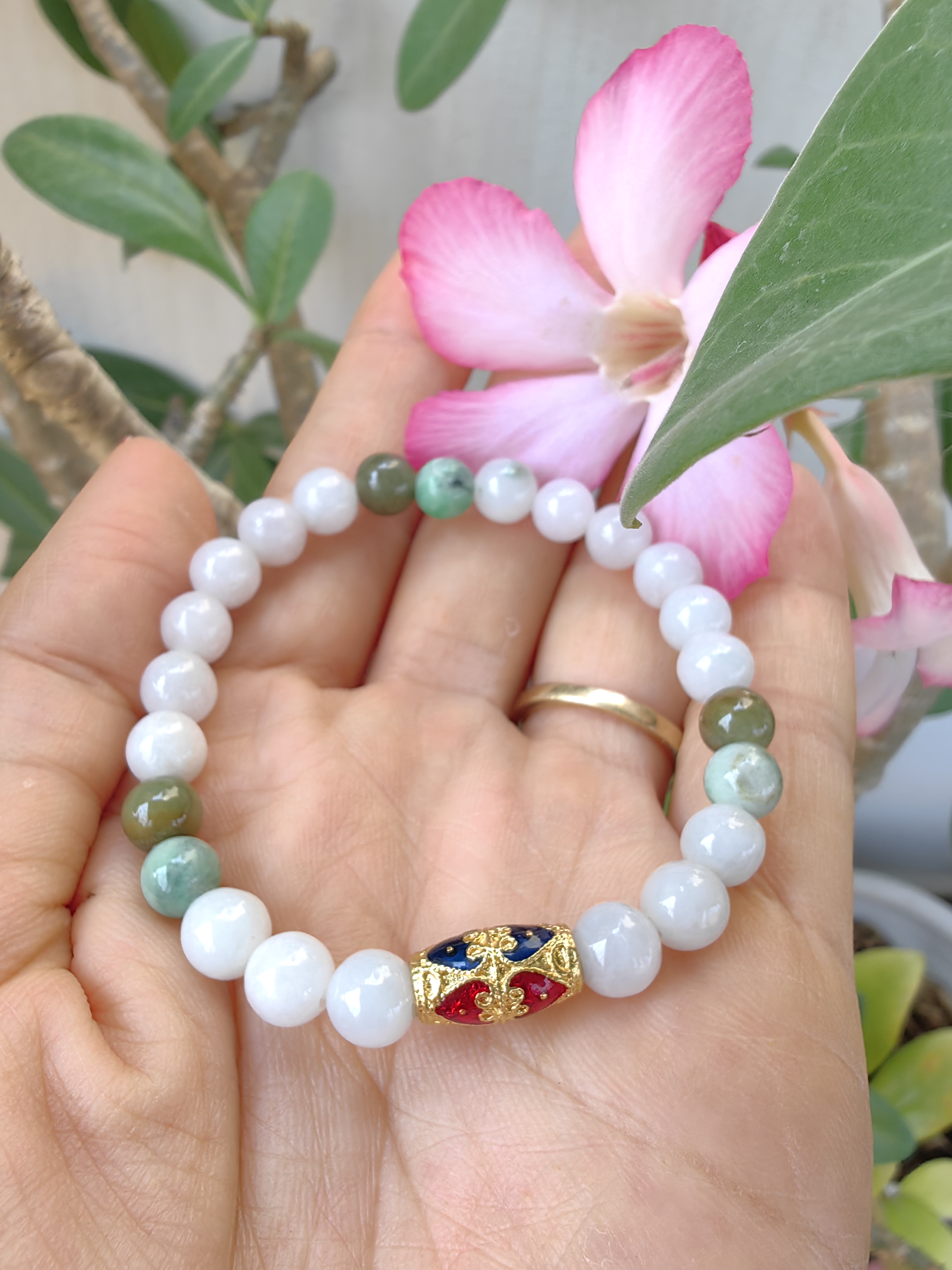 Burmese Jadeite Bracelets Thai Enamel Gold plated 7 mm. สร้อยข้อมือหยกพม่า ลงยาสุโขทัย กลม 7 มม. Free Size