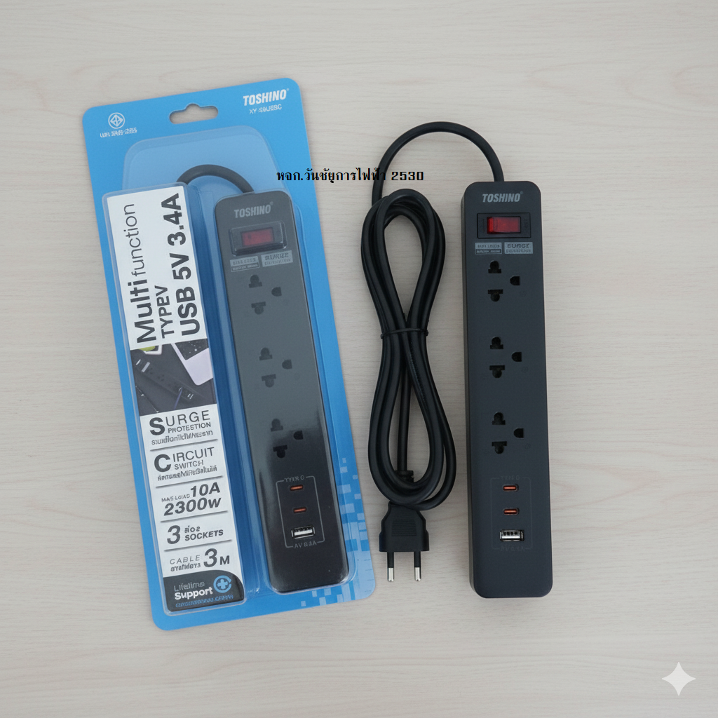 Toshino ปลั๊กไฟ ปลั๊กพ่วง 3เมตร 1ลวิทช์ 3ช่อง 1USB สีดำ ของแท้พร้อมส่ง Plug 3 Sockets มี Type C ) ปลั๊กพ่วง Toshino 2300W 3ช่อง + 2 Type C + 1 USB (3.4A) ยาว 3เมตร รุ่น XY-33USBC