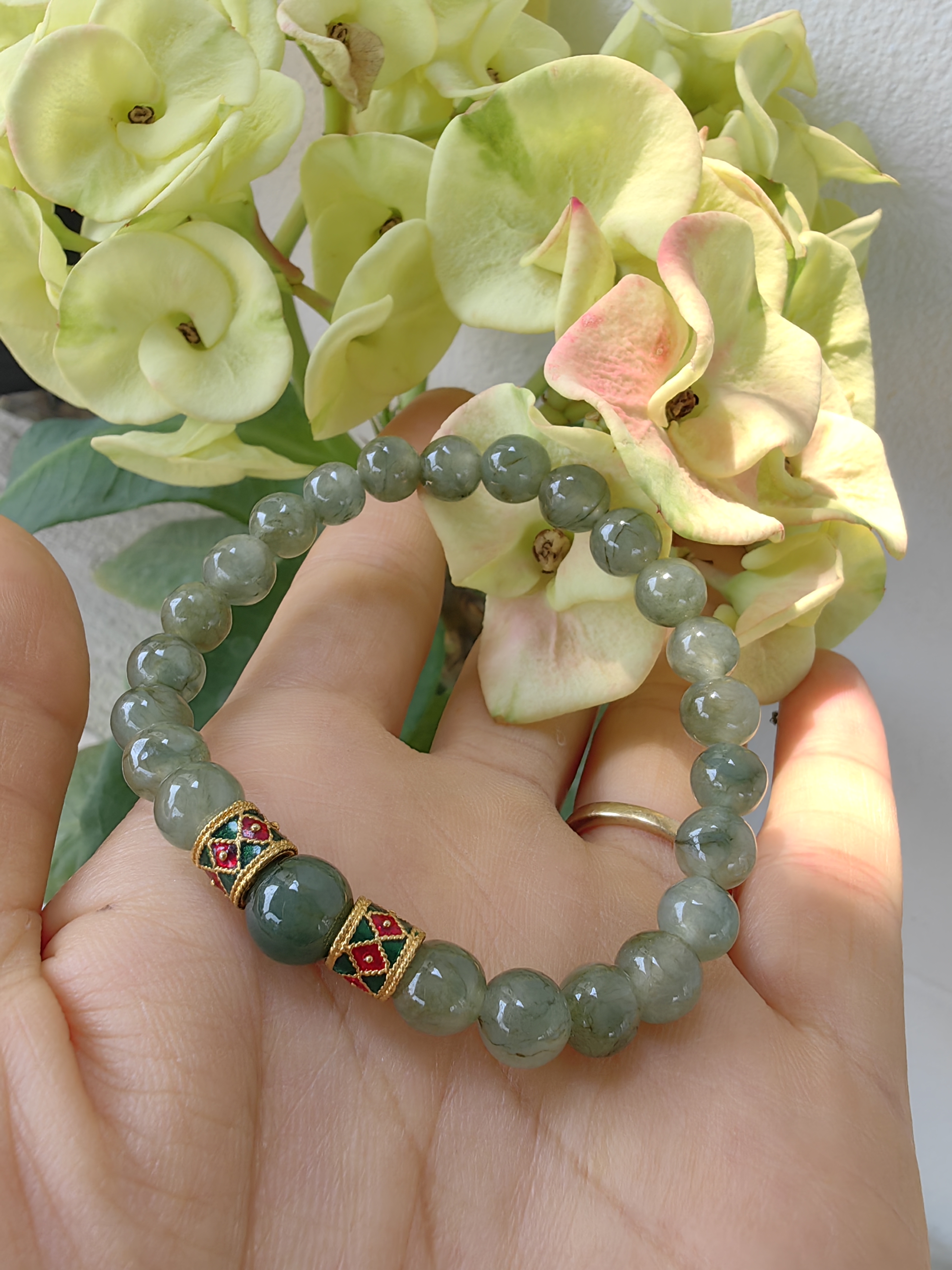 Burmese Jadeite Bracelets Thai Enamel Gold plated 7 mm. สร้อยข้อมือหยกพม่า ลงยาสุโขทัย กลม 7 มม. Free Size