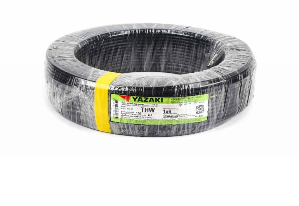 YAZAKI สายไฟทองแดง THW เบอร์6 (1x6) ยาซากิ ความยาว 10เมตร 20เมตร 30เมตร 50เมตร 80เมตร แกนเดียว สินค้าราคารวมภาษี ทองแดง 100เปอร์เซ็น