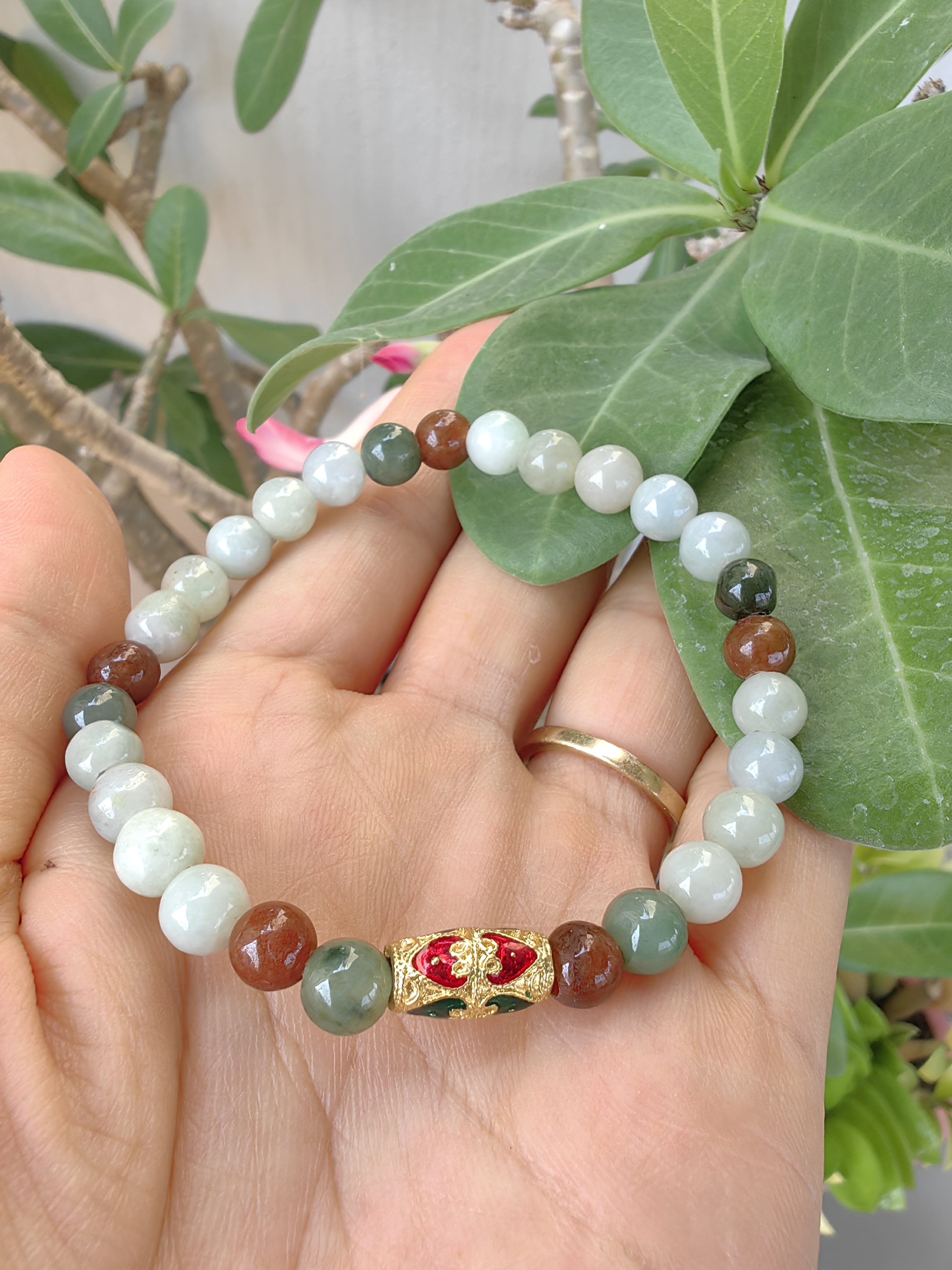 Burmese Jadeite Bracelets Thai Enamel Gold plated 7 mm. สร้อยข้อมือหยกพม่า ลงยาสุโขทัย กลม 7 มม. Free Size