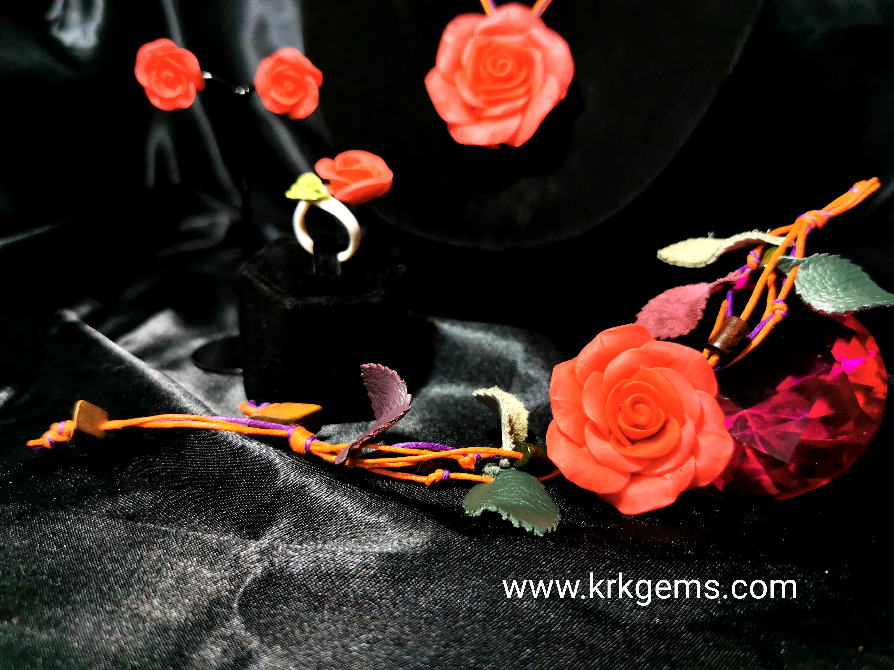 ORANGE ROSE HANDMADE CLAY NECKLACE BRACELET EARRING RING