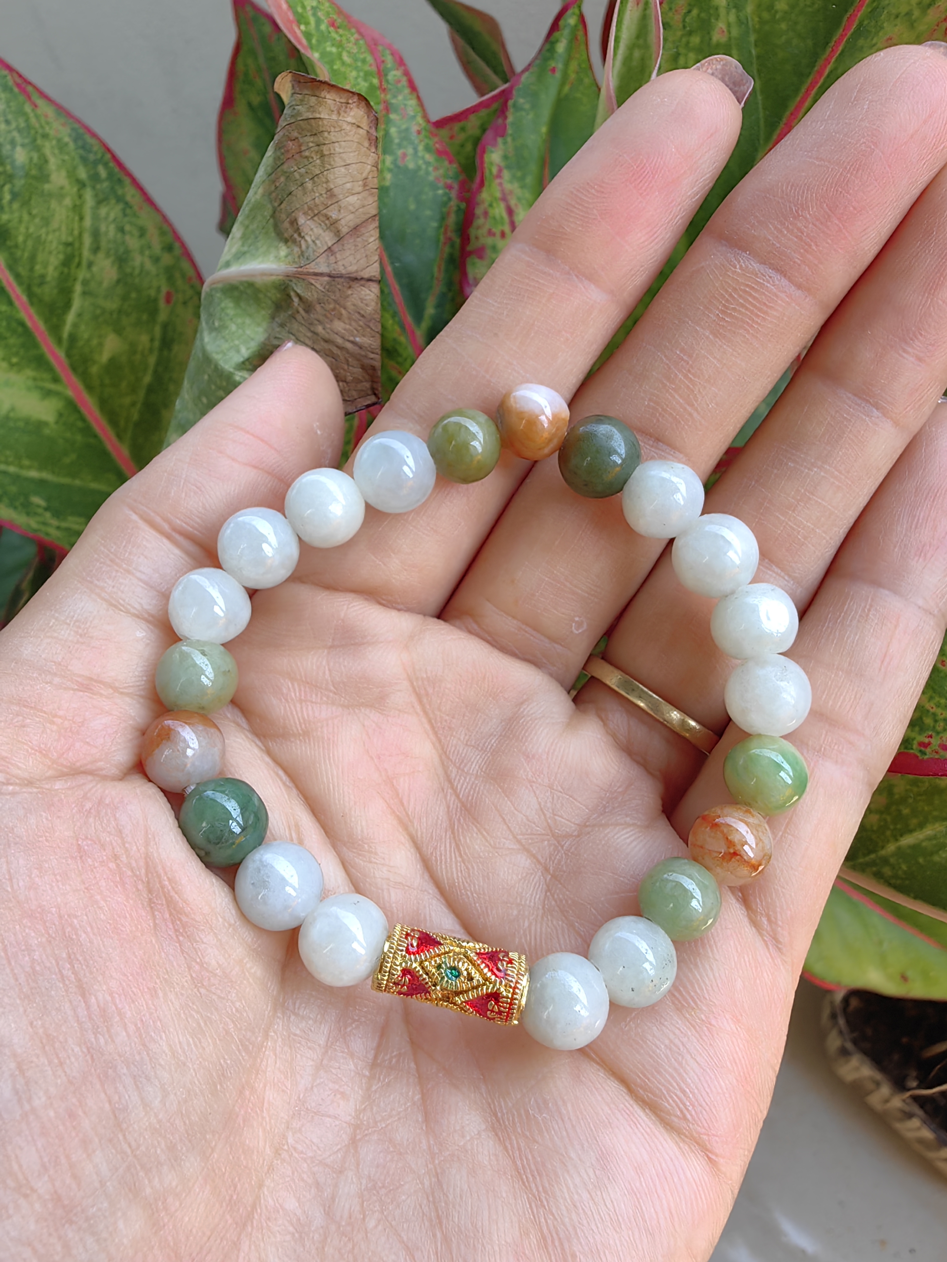 Burmese Jadeite Bracelets Thai Enamel Gold plated 8 mm. สร้อยข้อมือหยกพม่า ลงยาสุโขทัย กลม 8 มม. Free Size