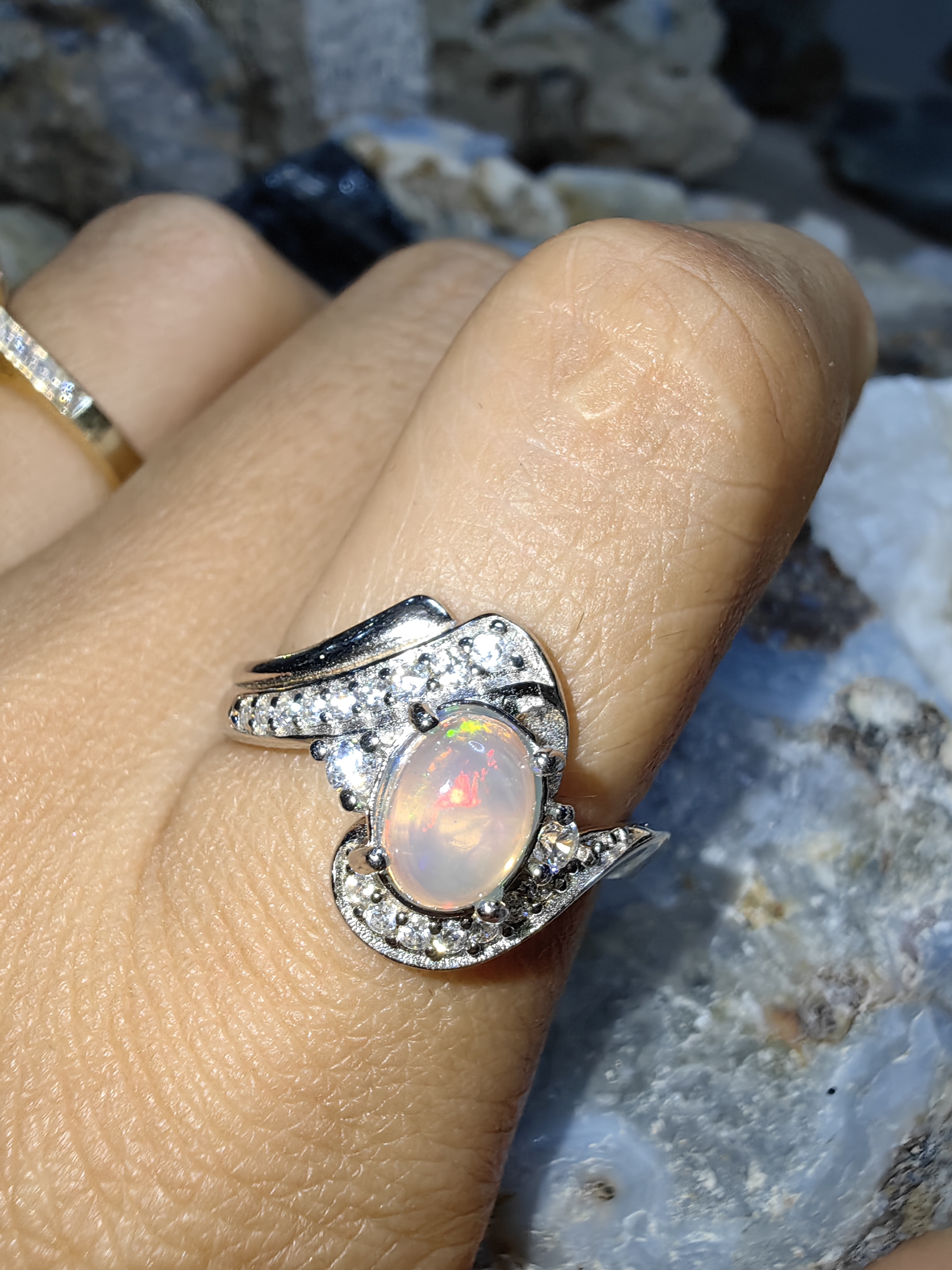 Opal, Swiss Diamond 925 Sterling Silver Ring แหวนโอปอ เพชรสวิส เงินแท้ 925 Size 54