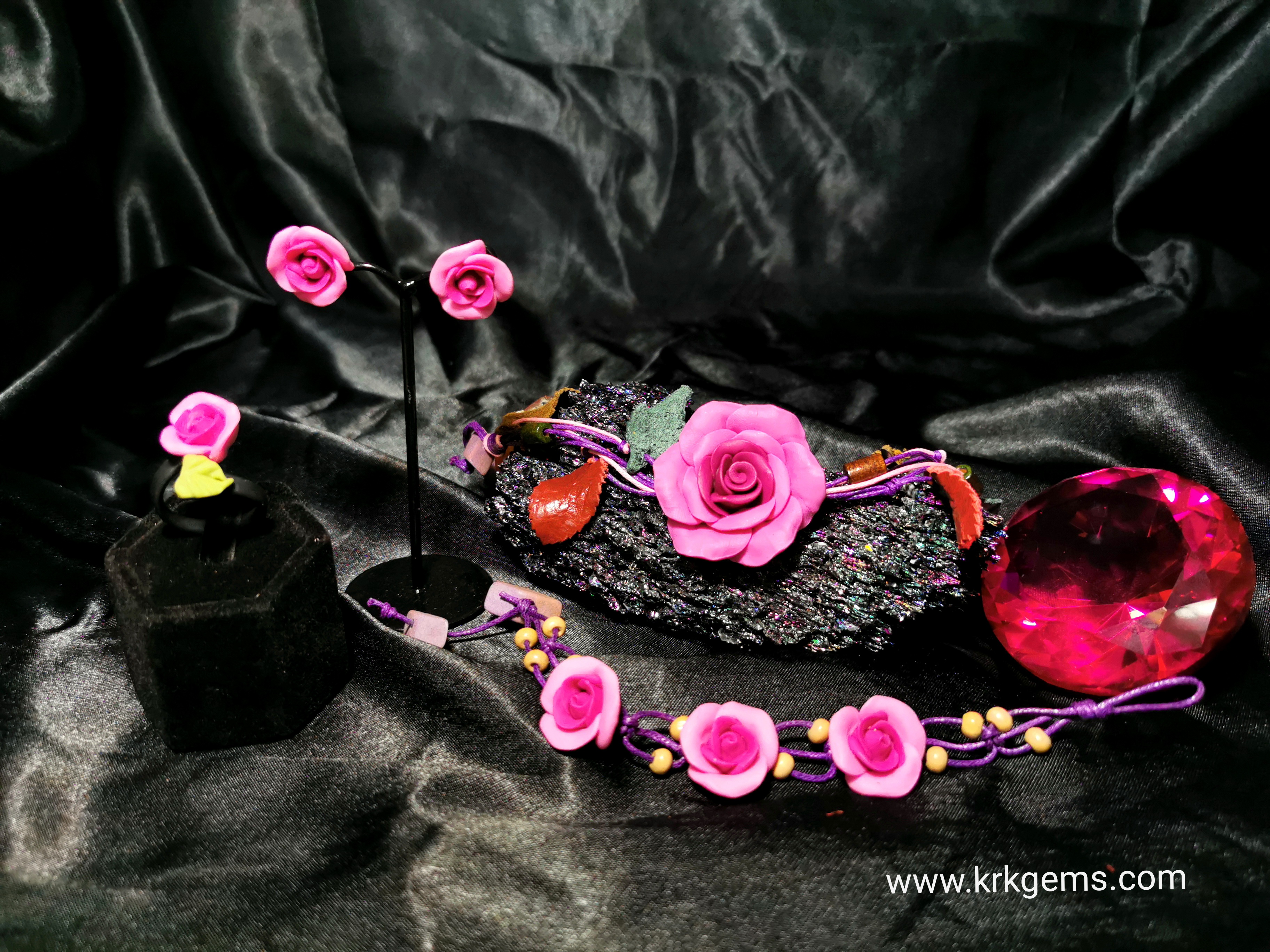 PURPLE ROSE HANDMADE CLAY NECKLACE BRACELET EARRING RING