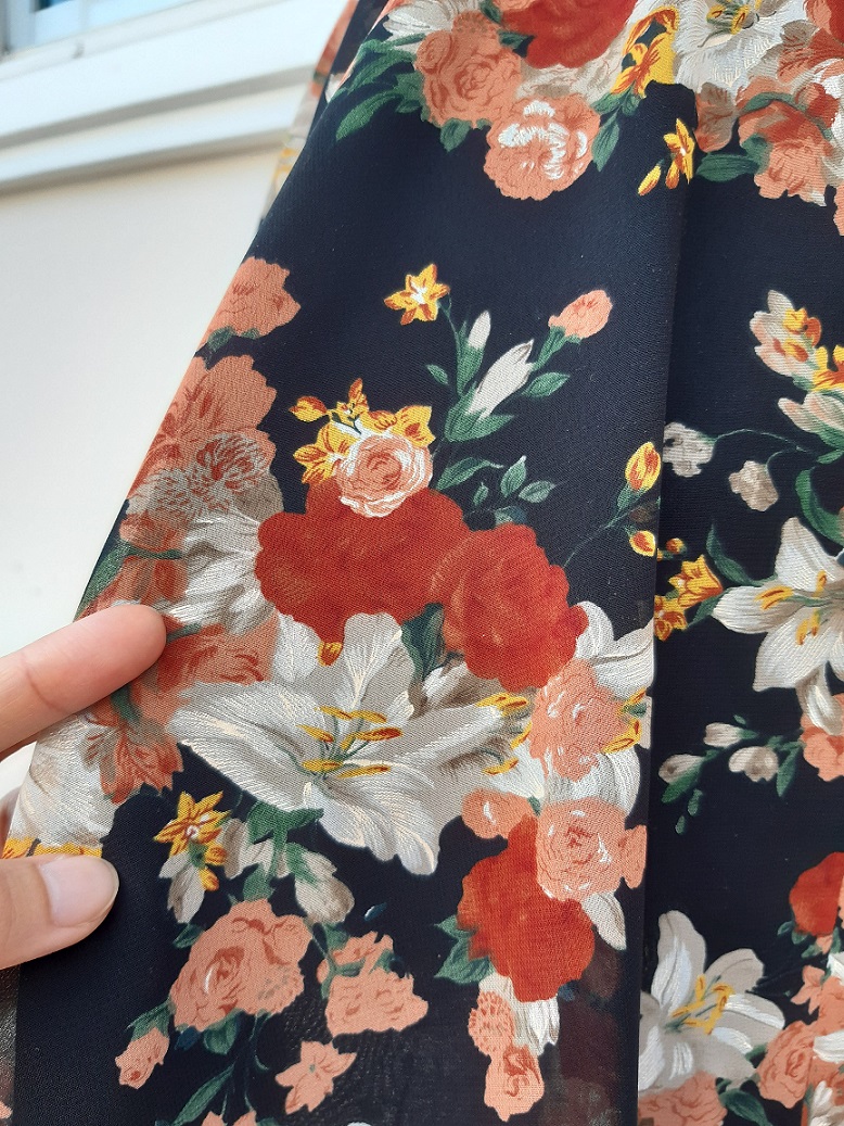 กระโปรงบานผ้าชีฟองลายดอกไม้สีส้ม งานวินเทจมือสอง