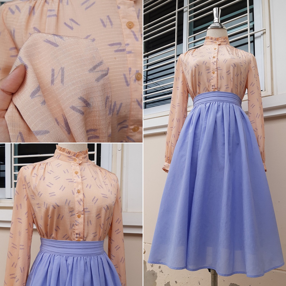 ชุดเซ็ตเสื้อวินเทจญี่ปุ่น คู่ กระโปรงทรงเอบานสีฟ้า