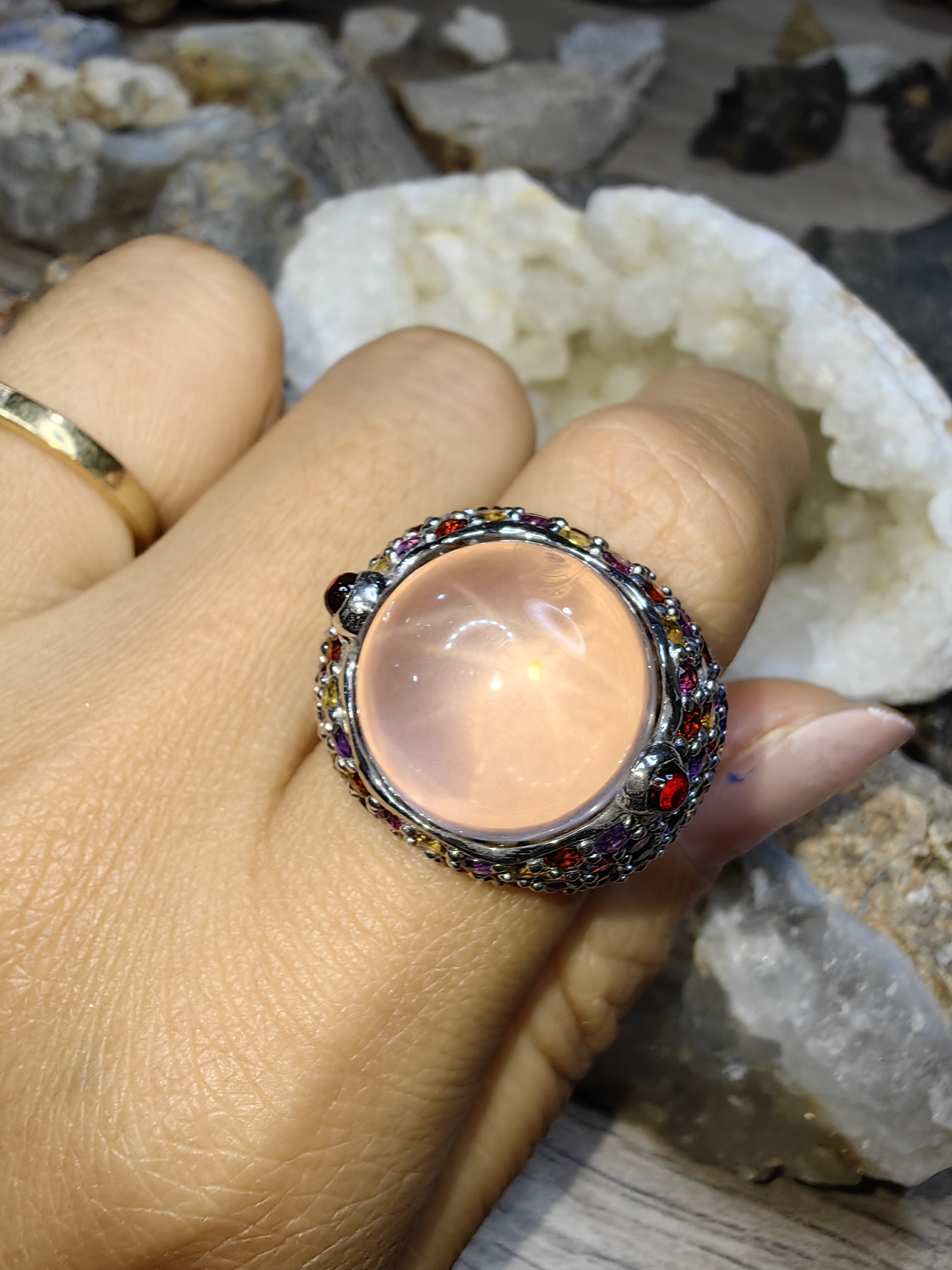 ROSE QUARTZ GARNET CITRINE AMETHYST WHITE TOPAZ RHODOLITE ROUND RING