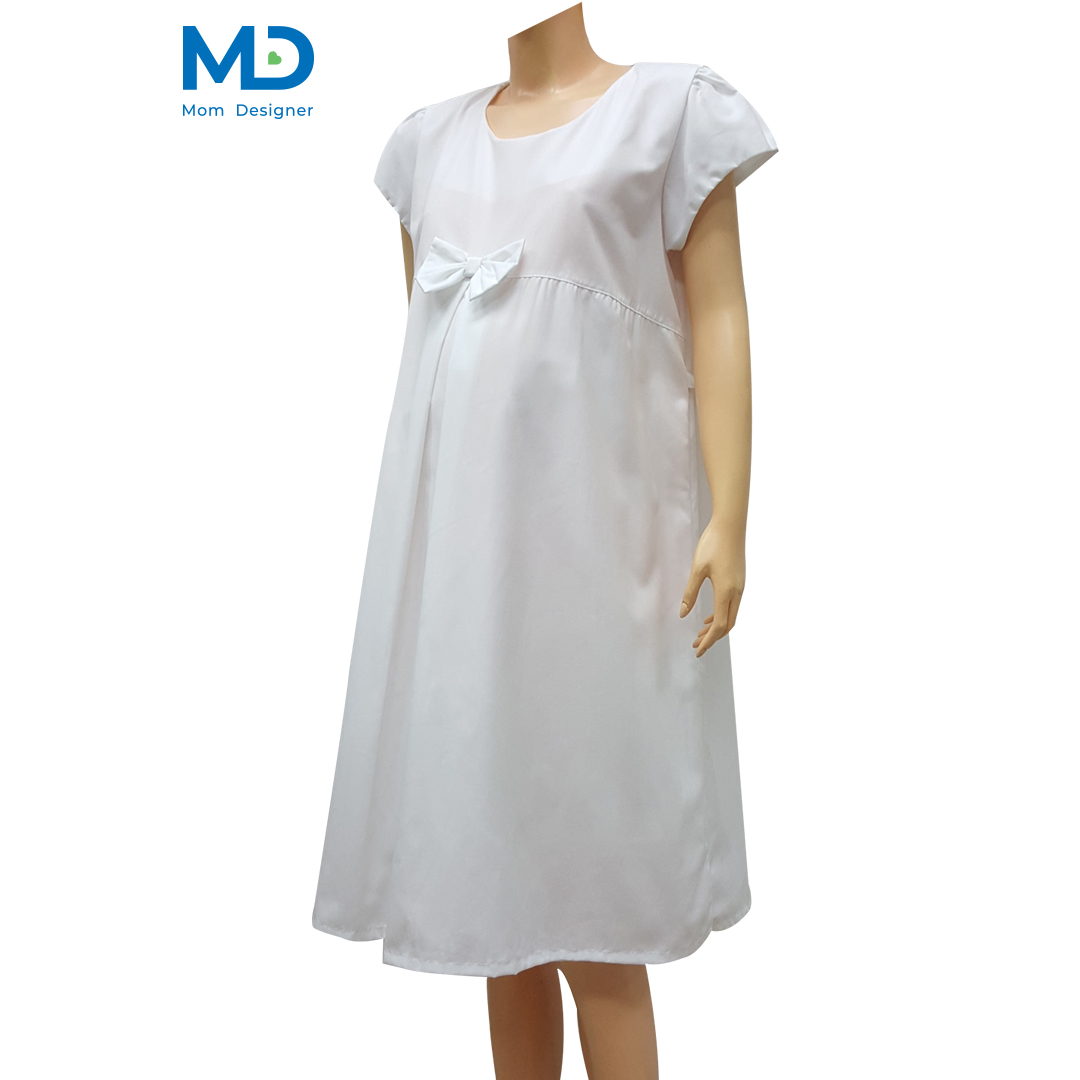 004WH ชุดคลุมท้องคอกลมโบว์จีบ สีขาว