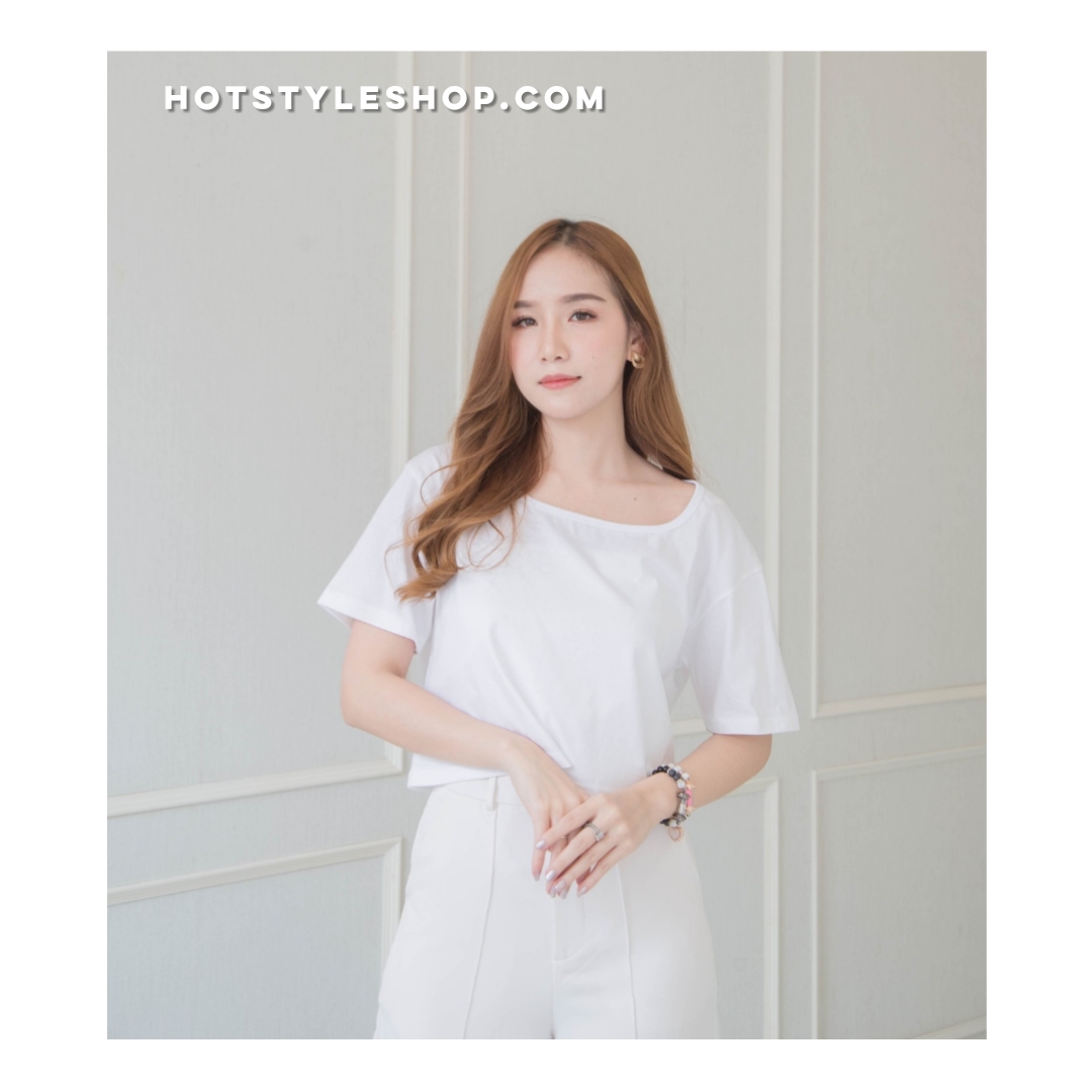เสื้อครอปคอเหลี่ยม แขนสั้น สีพาสเทล