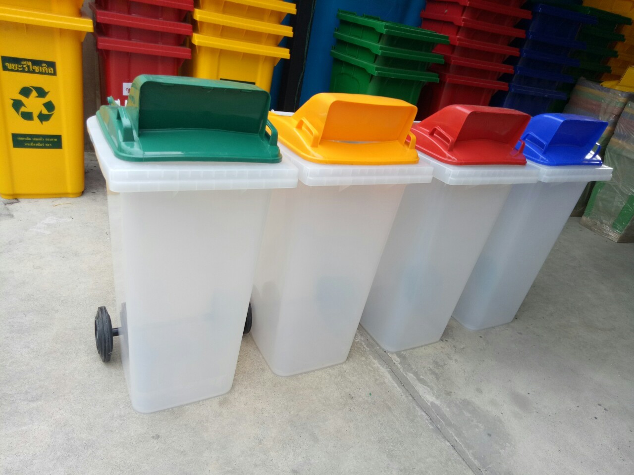 ถังขยะพลาสติกใส ฝาสี 1 ช่องทิ้ง พร้อมล้อเข็น 120 ลิตร