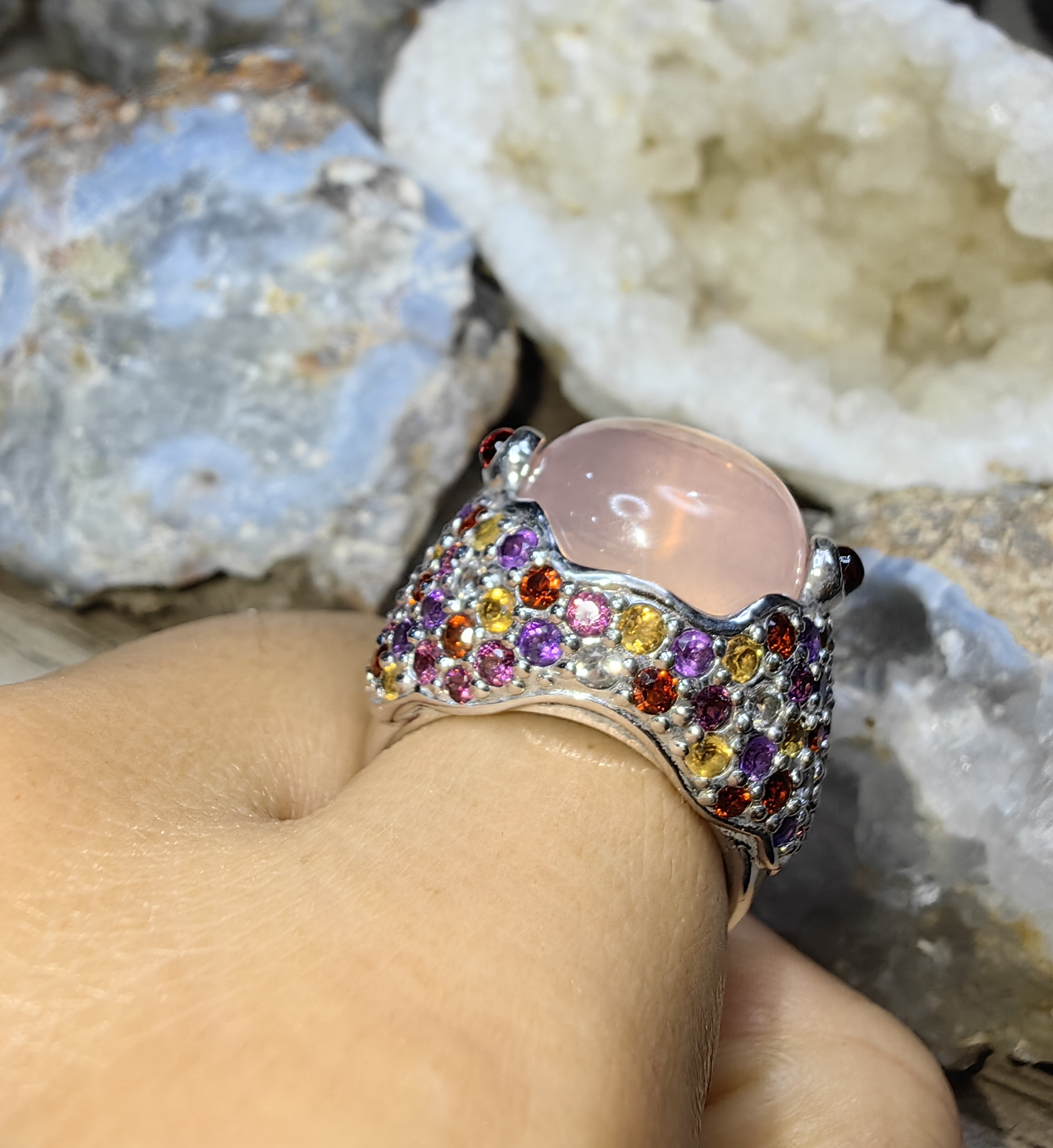 ROSE QUARTZ GARNET CITRINE AMETHYST WHITE TOPAZ RHODOLITE ROUND RING