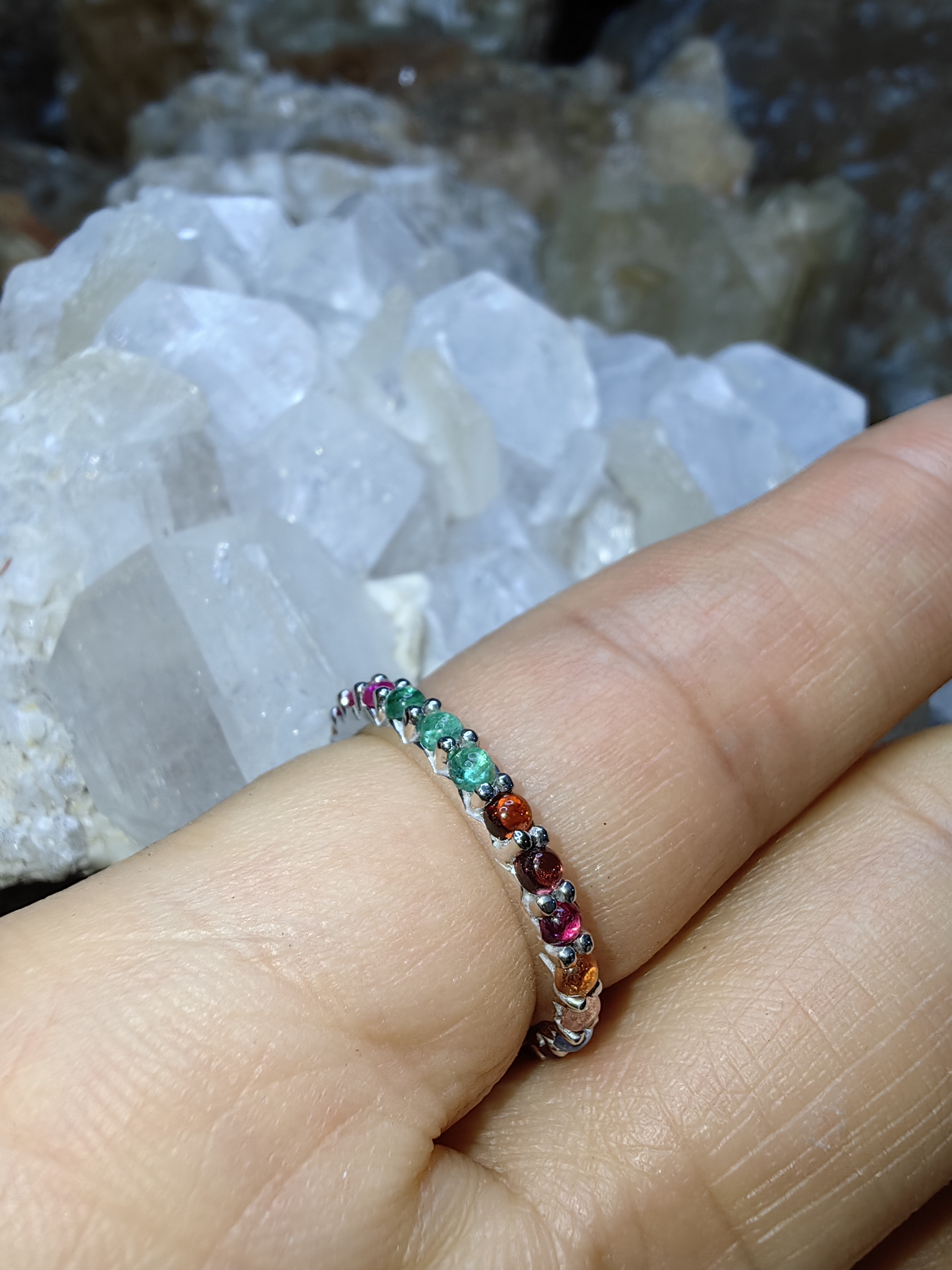 9 Lucky gemstones Ruby, Blue Sapphire, Emerald, Topaz, Zircon, Yellow Sapphire, Moonstone, Garnet, Cat's eyes 925 Sterling Silver แหวนนพเก้า ทับทิม ไพลิน มรกต โทแพซ ไพฑูรย์ บุษราคัม มูนสโตน โกเมน ตาแมว Size 56 เงินแท้ 925