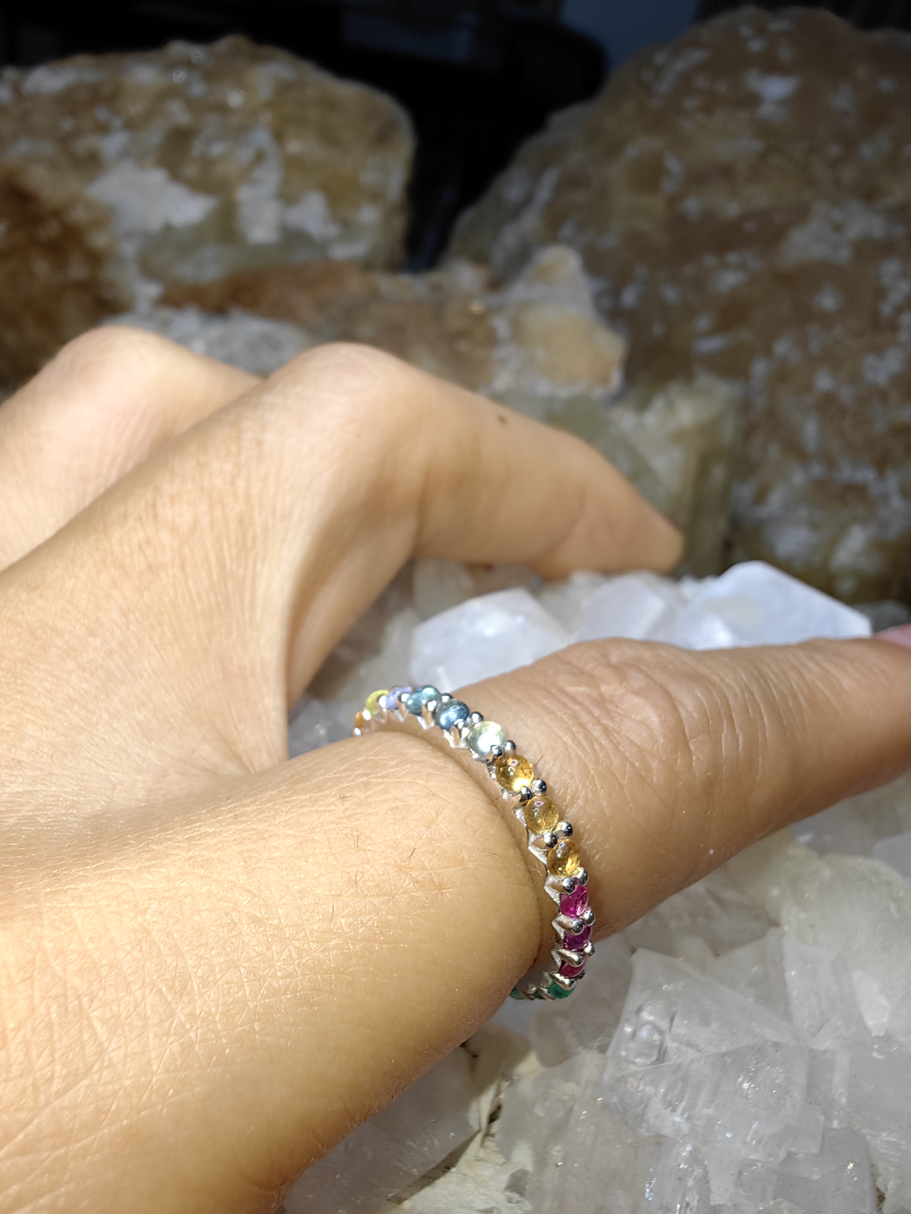 9 Lucky gemstones Ruby, Blue Sapphire, Emerald, Topaz, Zircon, Yellow Sapphire, Moonstone, Garnet, Cat's eyes 925 Sterling Silver แหวนนพเก้า ทับทิม ไพลิน มรกต โทแพซ ไพฑูรย์ บุษราคัม มูนสโตน โกเมน ตาแมว Size 56 เงินแท้ 925