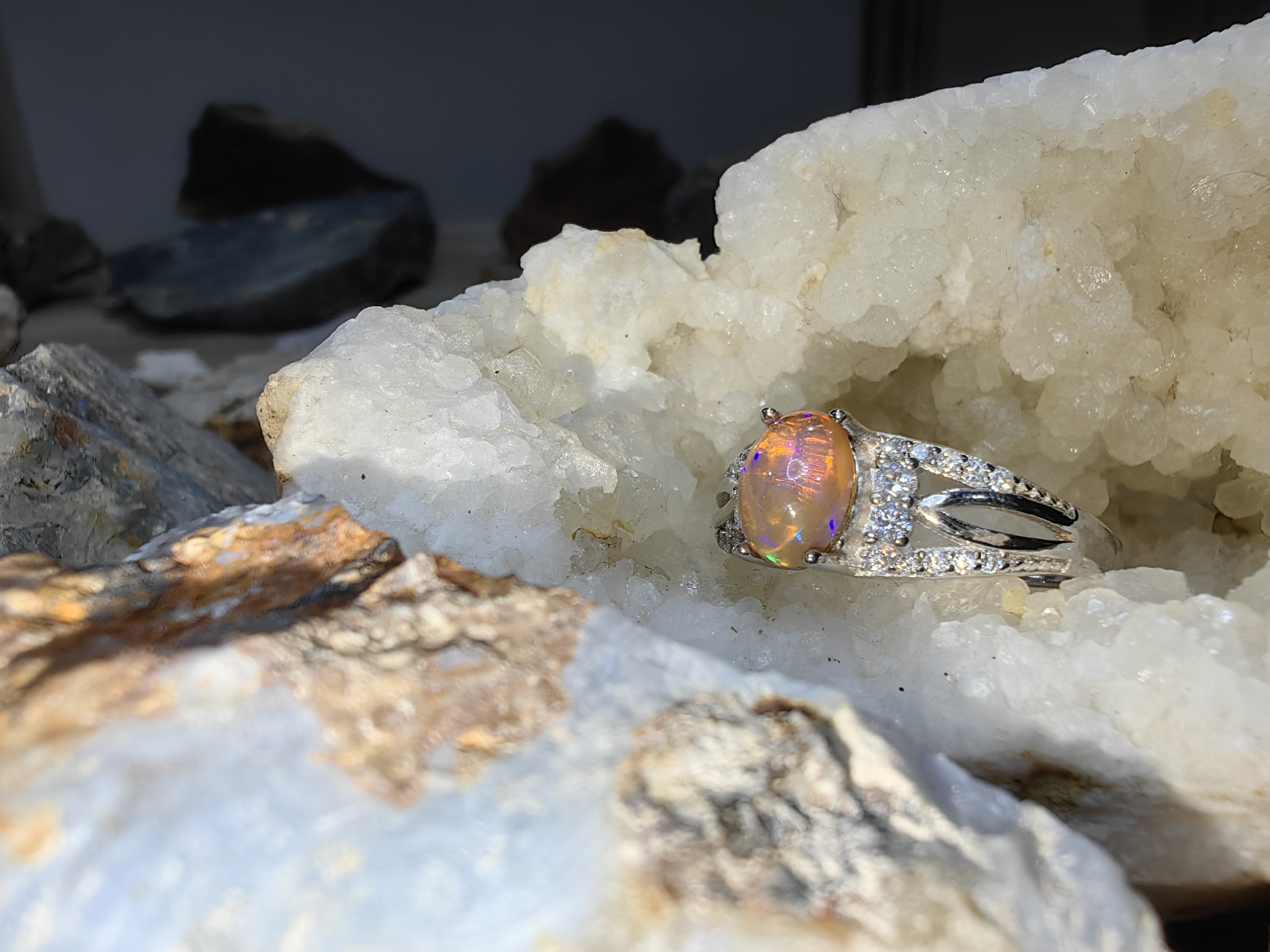 Opal, Swiss Diamond 925 Sterling Silver Ring แหวนโอปอ เพชรสวิส เงินแท้ 925 Size 60