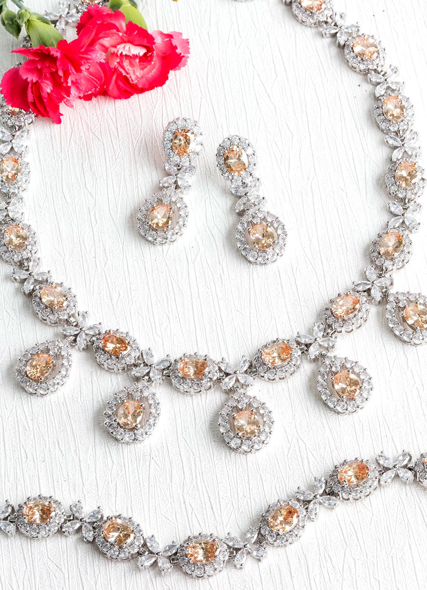 ORANGE SAPPHIRE DIAMOND 18K WHITE GOLD NECKLACE EARRING BRACELETS สร้อยคอ ต่างหู สร้อยข้ออมือ แซฟไฟร์สีส้ม ล้อมเพชร ทอง 18K Pre-order