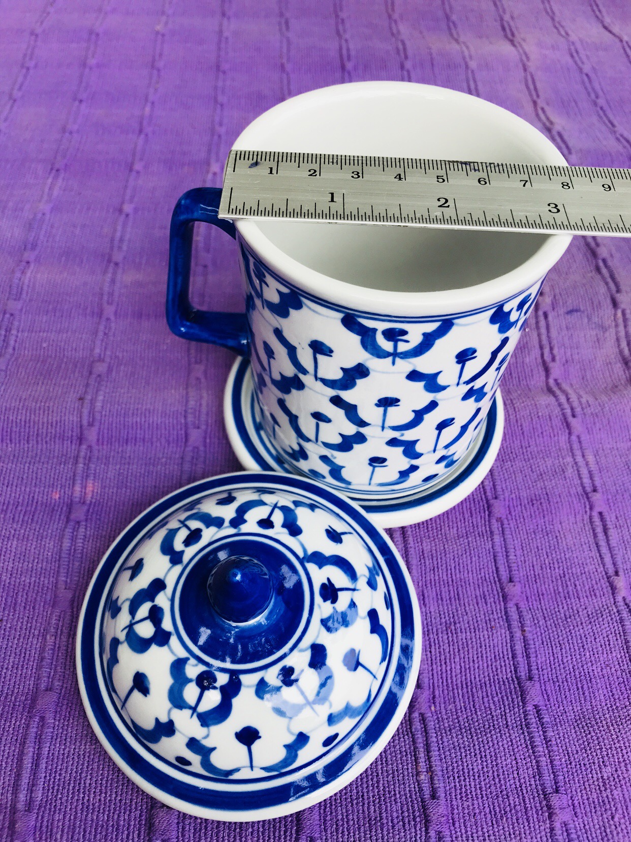 แก้วมัคน้ำชาฝาปิดลายไทย มีจานรอง