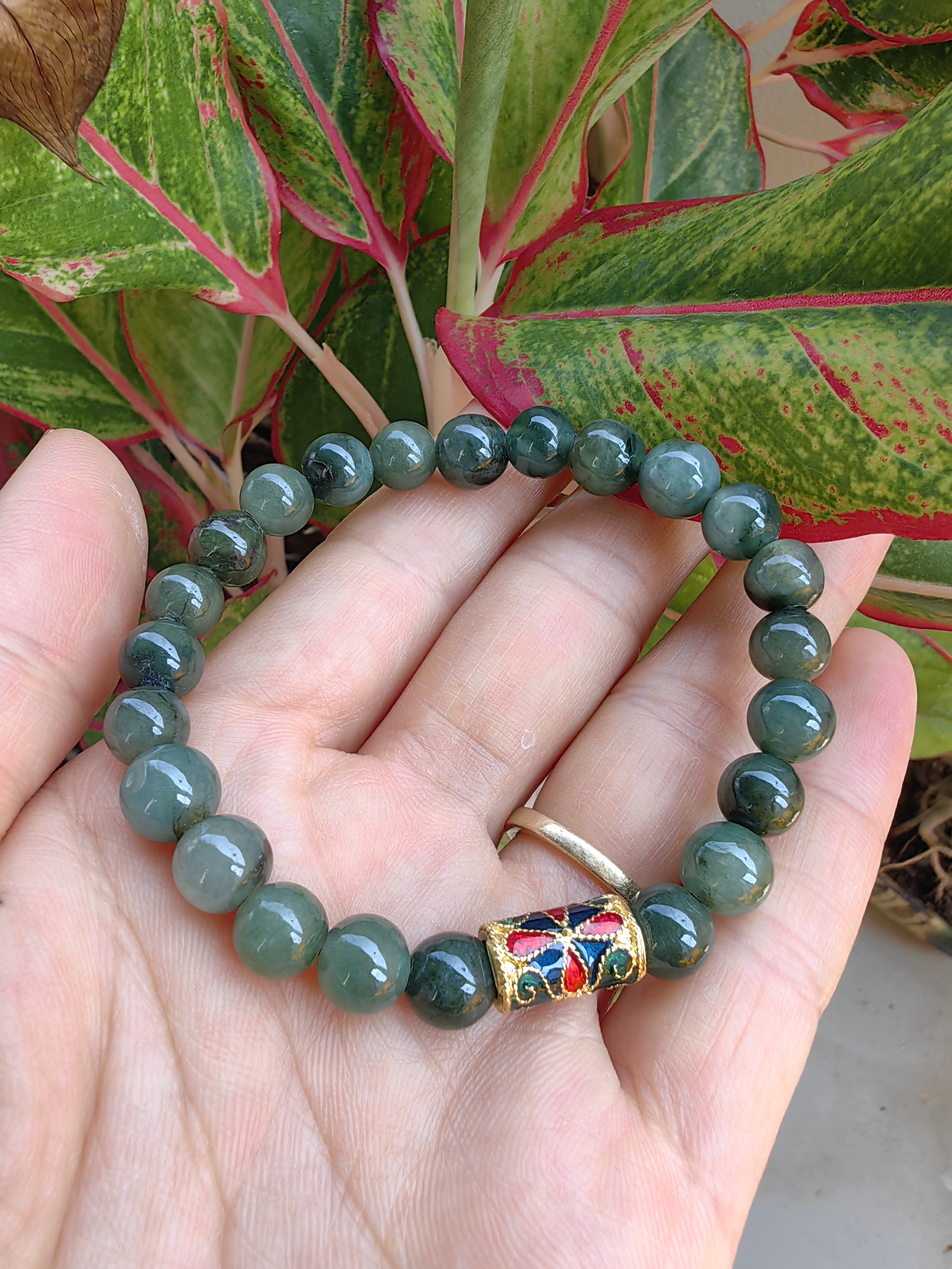 Burmese Jadeite Bracelets Thai Enamel Gold plated 8 mm. สร้อยข้อมือหยกพม่า ลงยาสุโขทัย กลม 8 มม. Free Size