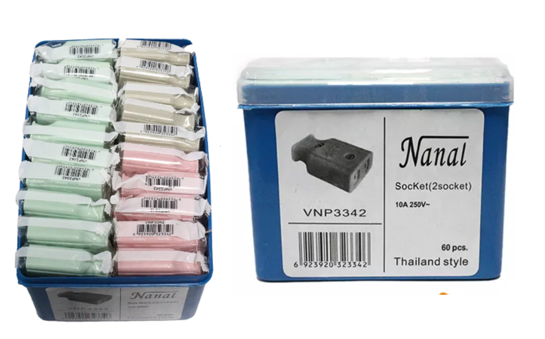 ยกกล่อง Nanal ปลั๊กเสียบ ตัวเมีย 2 ขาแบน พลาสติก ทองเหลืองแท้ คละสี ทองเหลืองแท้ 60 อัน