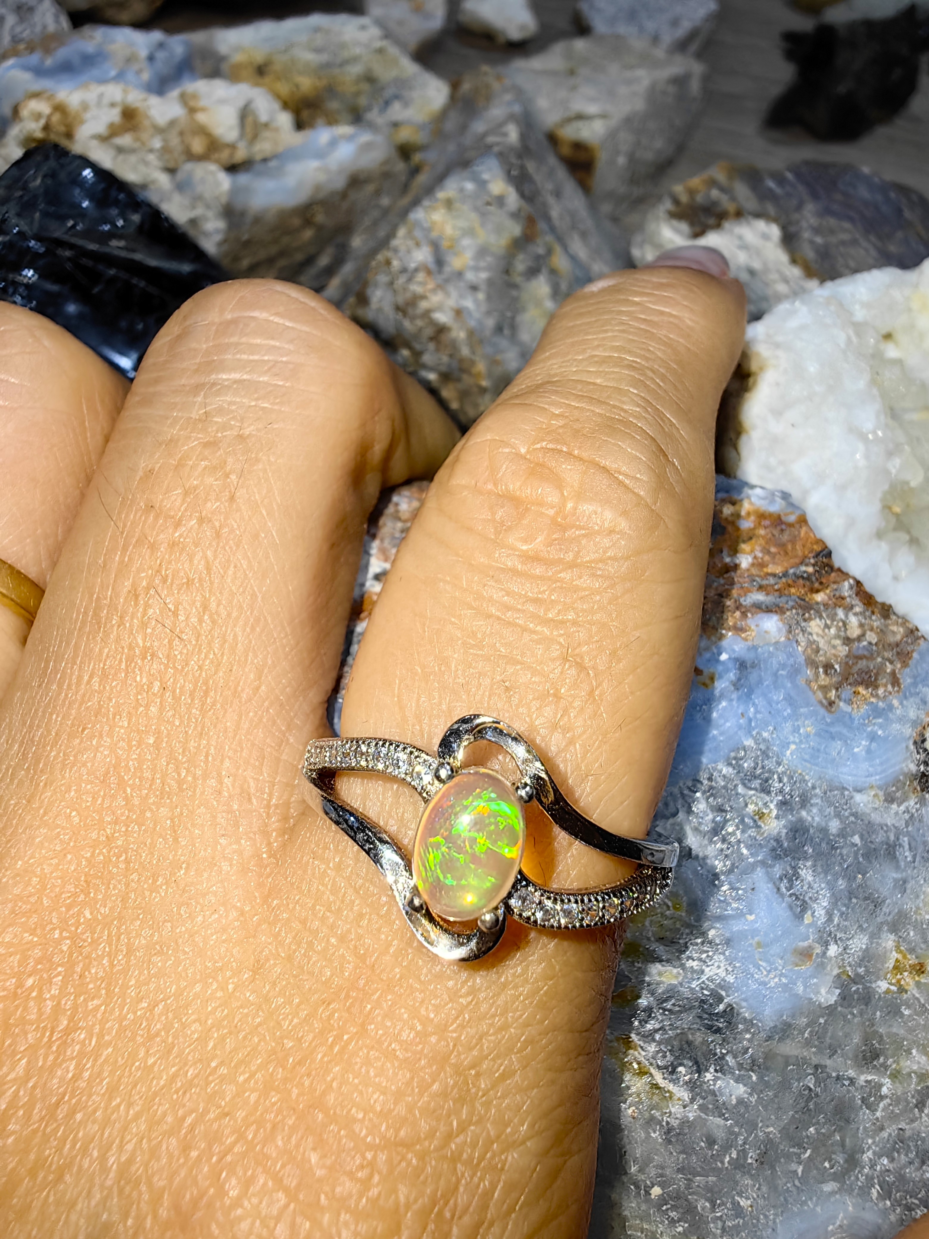 Opal, Swiss Diamond 925 Sterling Silver Ring แหวนโอปอ เพชรสวิส เงินแท้ 925 Size 56