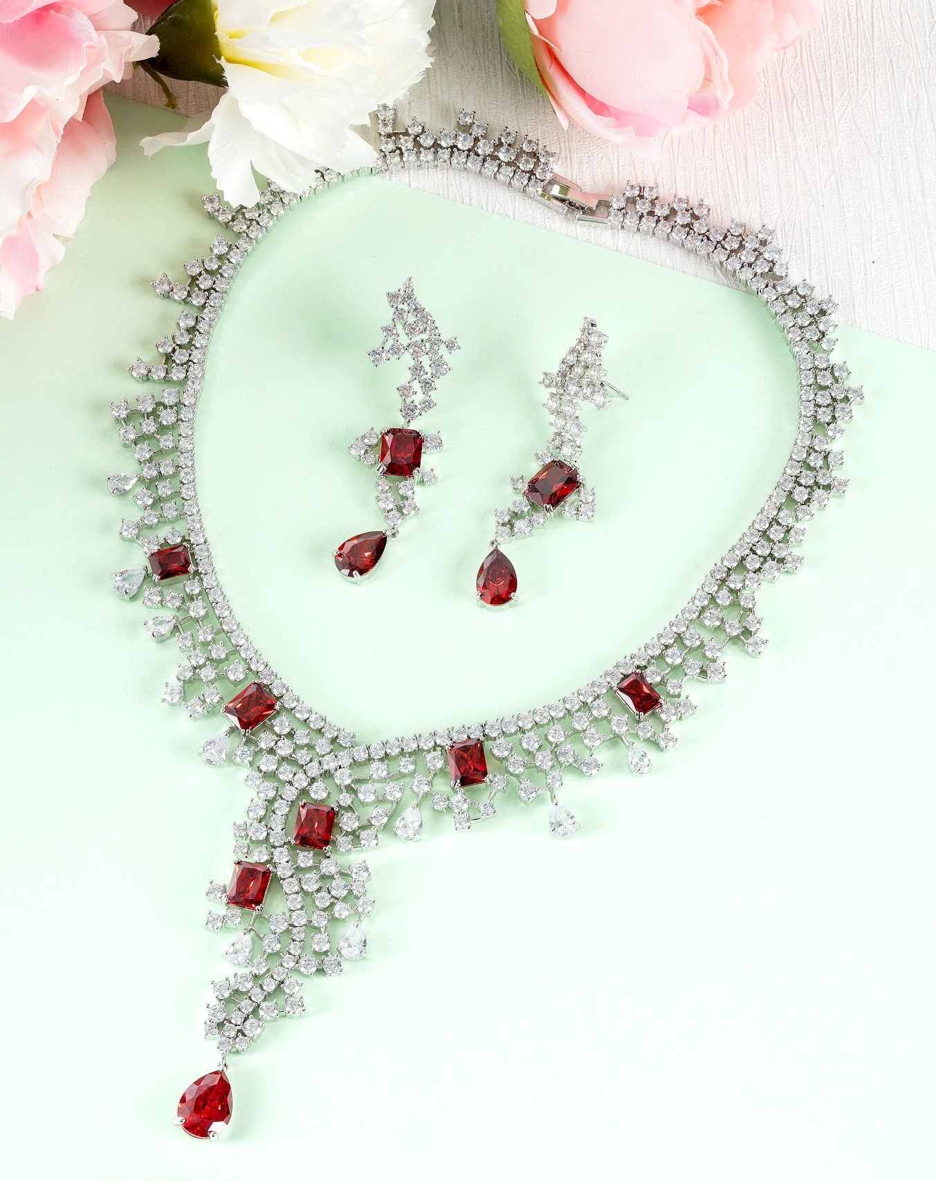 RUBY DIAMOND 18K WHITE GOLD NECKLACE EARRING สร้อยคอ ต่างหู ทับทิม เพชร ทอง 18K Pre-order