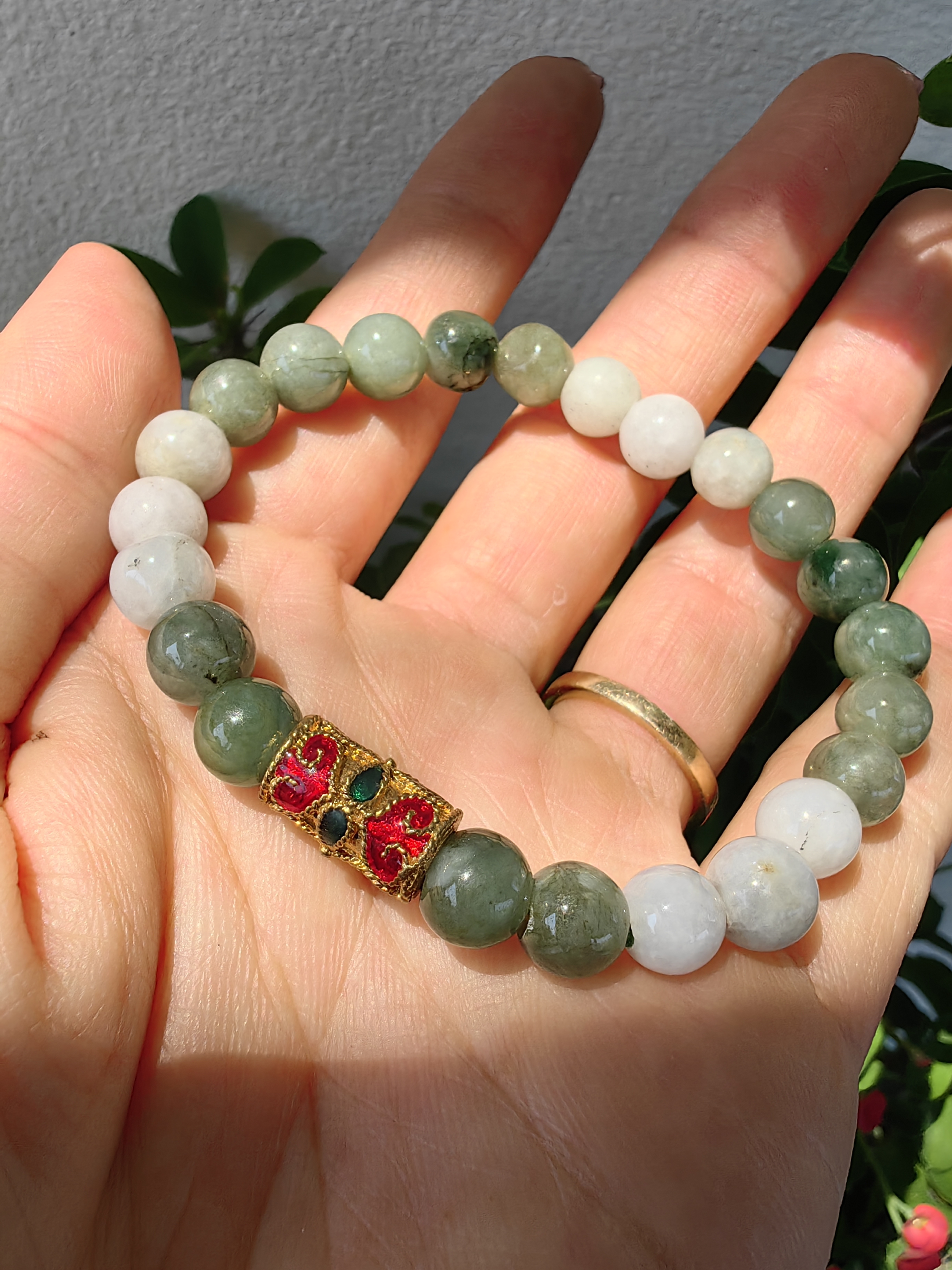Burmese Jadeite Bracelets Thai Enamel Gold plated 7 mm. สร้อยข้อมือหยกพม่า ลงยาสุโขทัย กลม 7 มม. Free Size