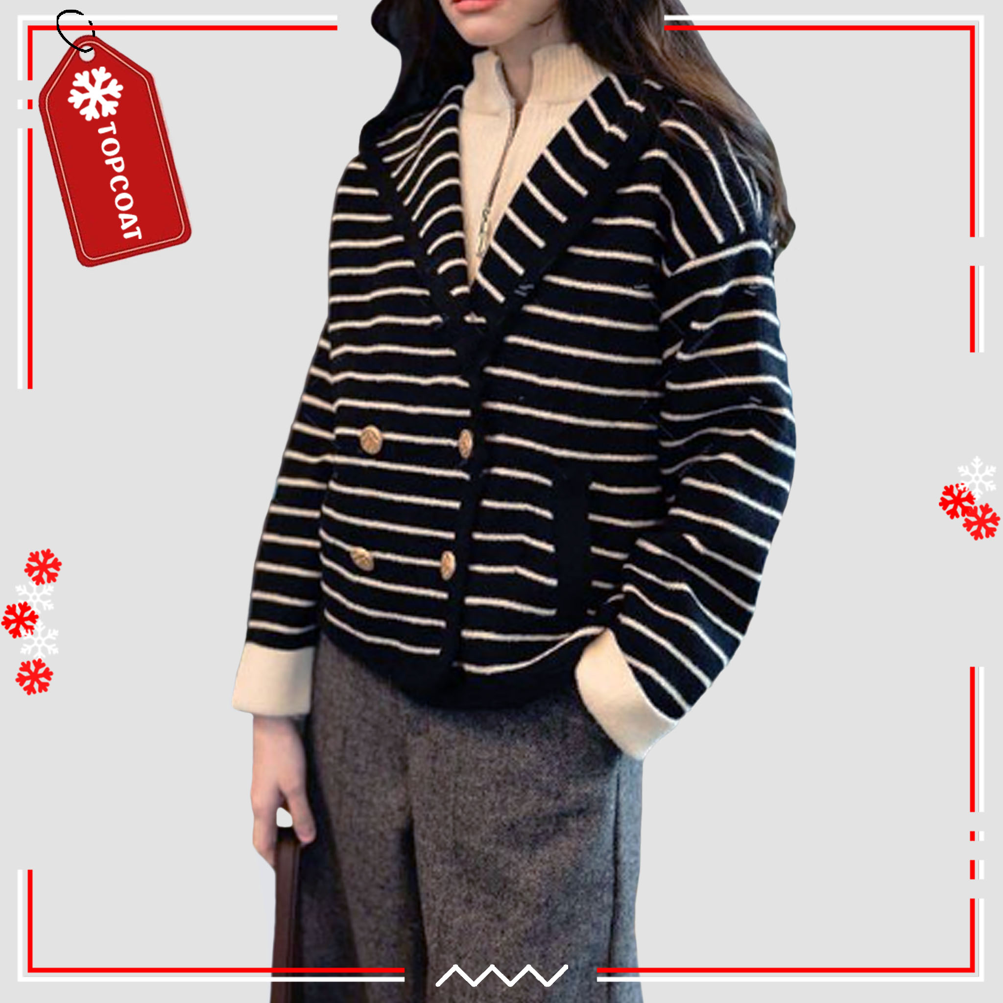 เสื้อเเจ็คเก็ตกันหนาวมีฮู้ด ผ้านิ่ม ใส่สบาย ลายเส้นเเนวขวาง Freesize