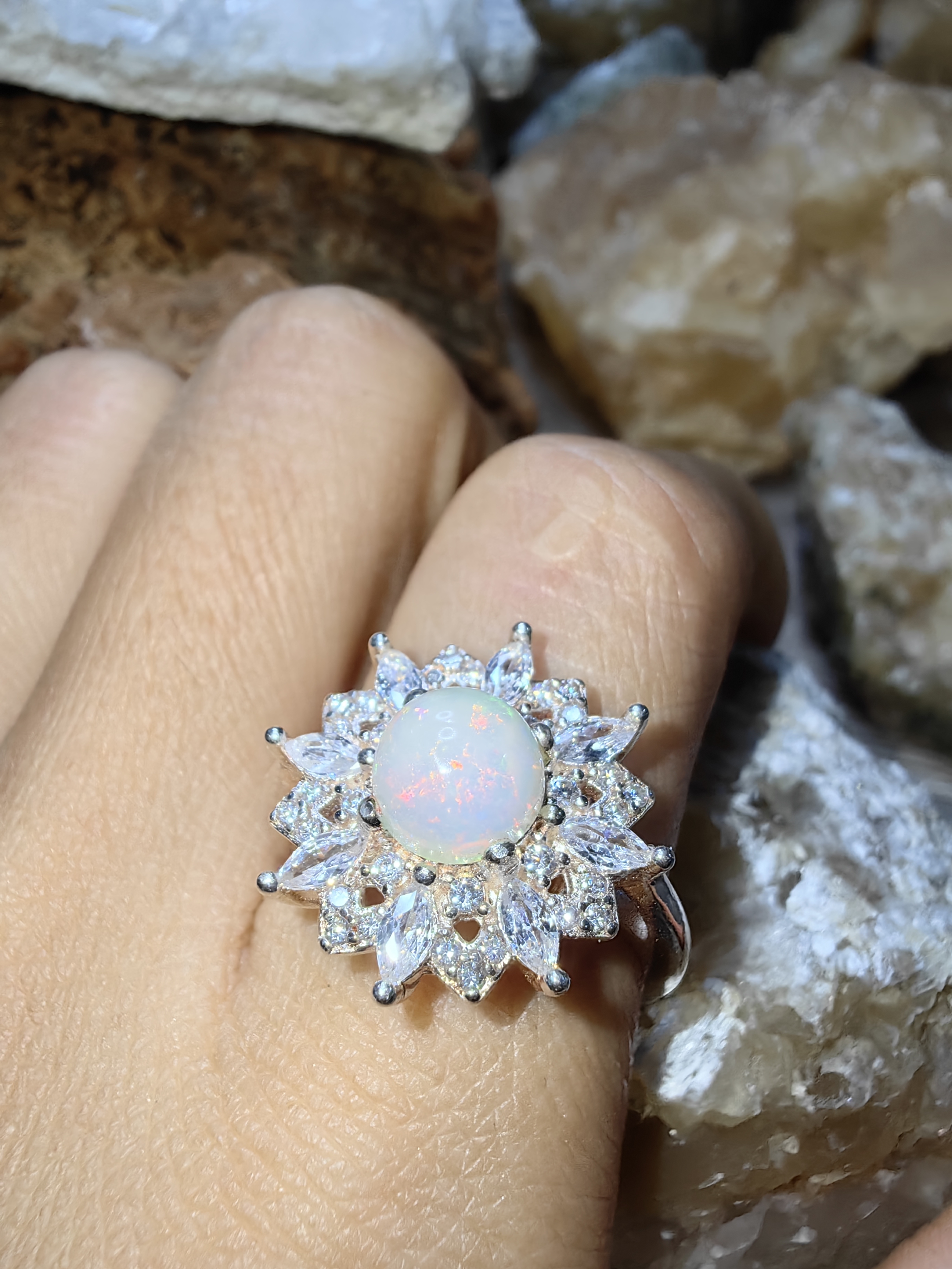 Opal, CZ 925 Sterling Silver Ring แหวนโอปอ เพชรCZ เงินแท้ 925 Size 56
